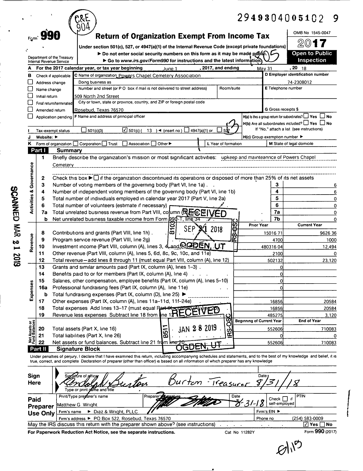 Image of first page of 2017 Form 990O for Powers Chapel Cemetery