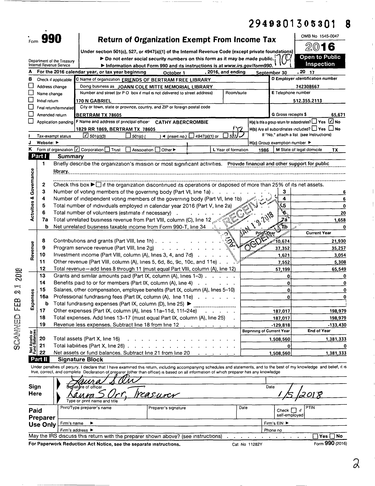 Image of first page of 2016 Form 990 for Friends of Bertram Free Library