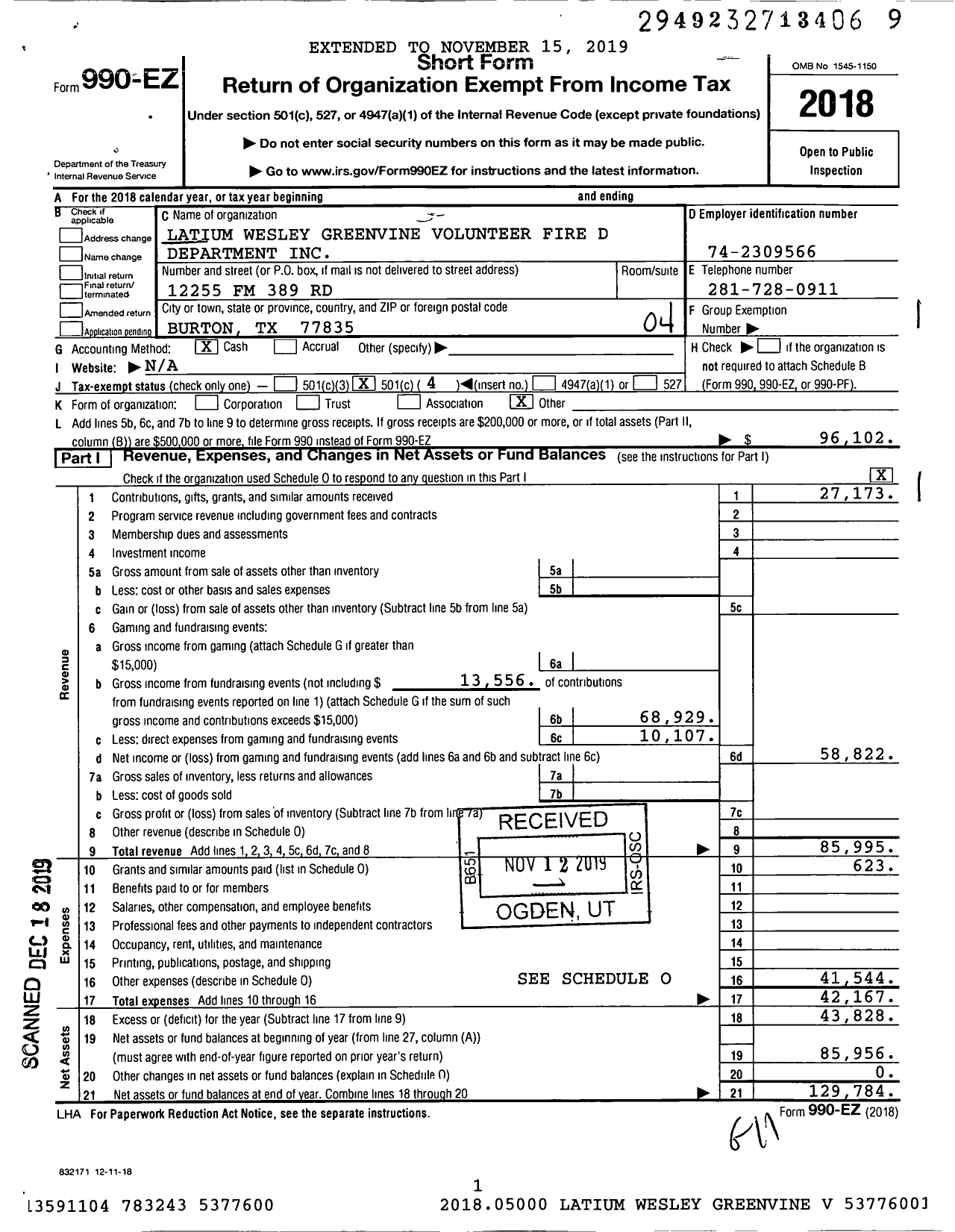 Image of first page of 2018 Form 990EO for Latium Wesley Greenvine Volunteer Fire Department