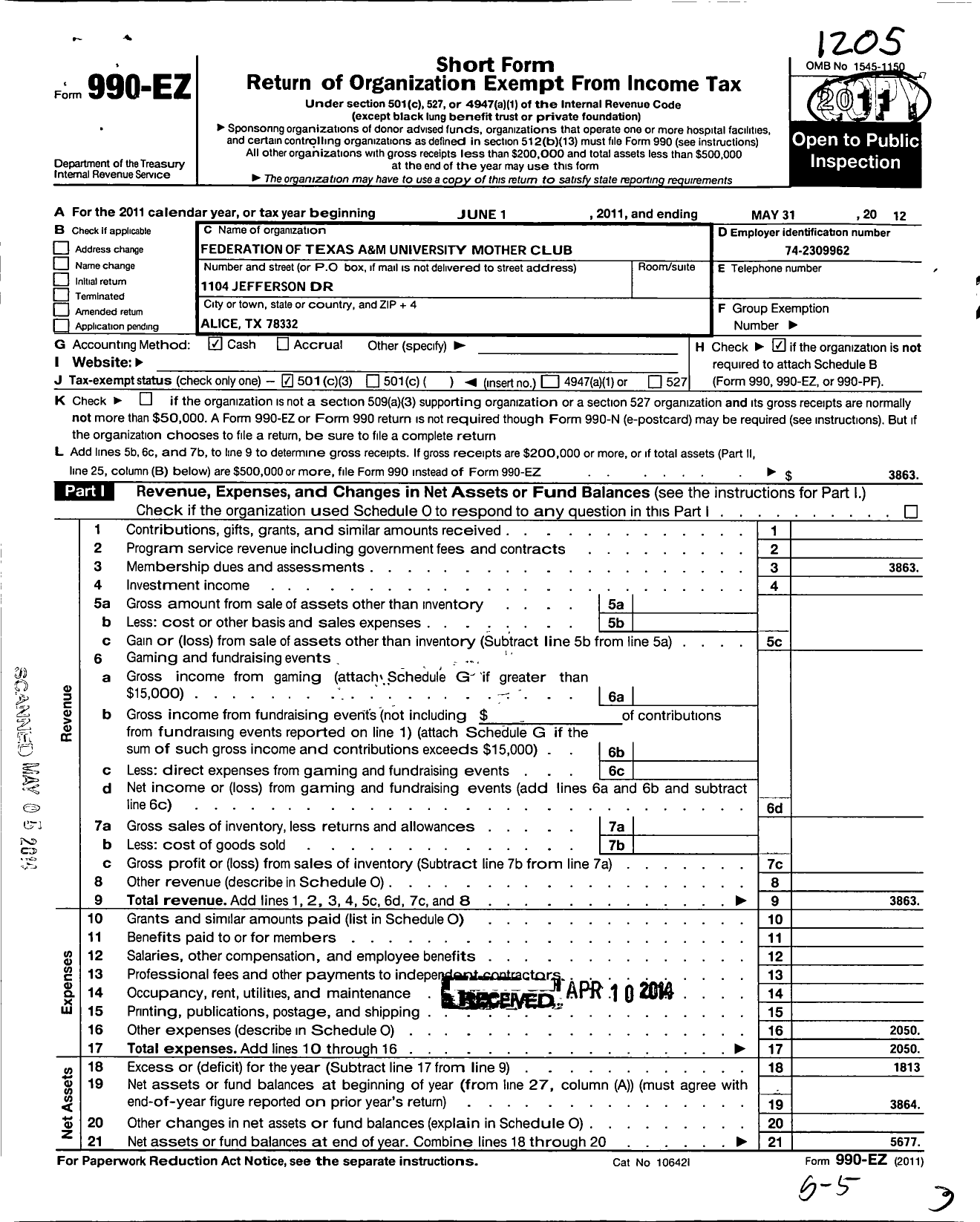 Image of first page of 2011 Form 990EZ for Federation of Texas Am University Mother Club