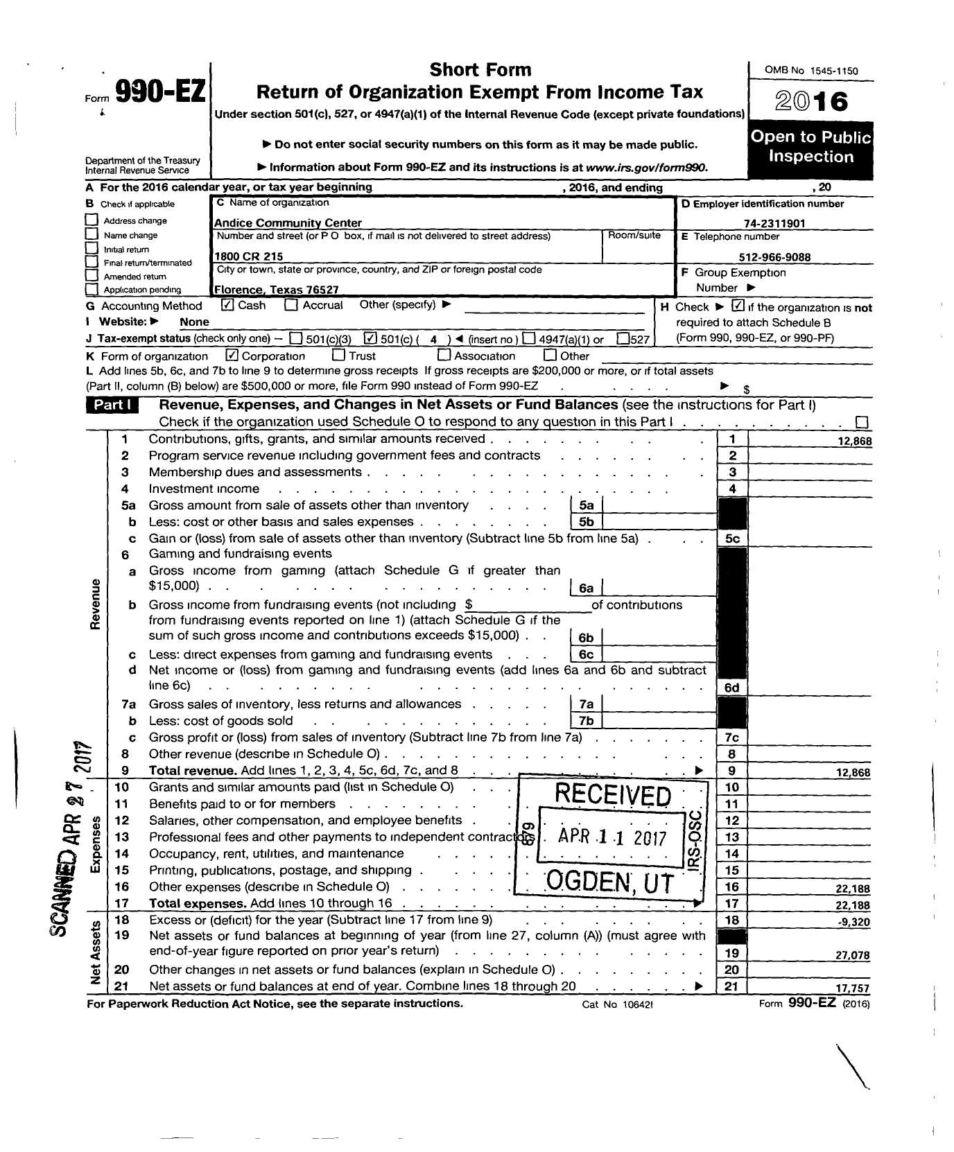 Image of first page of 2016 Form 990EO for Andice Community Center