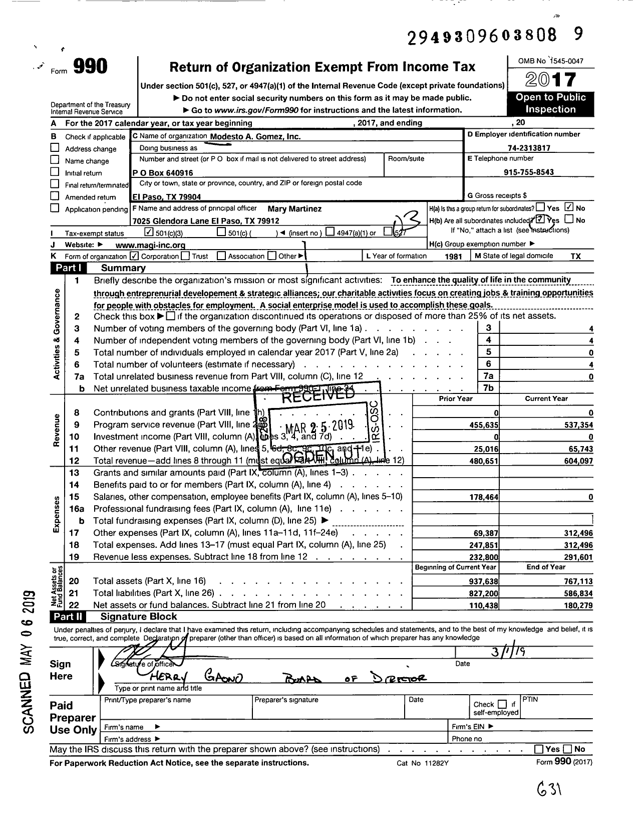 Image of first page of 2017 Form 990 for Modesto A Gomez