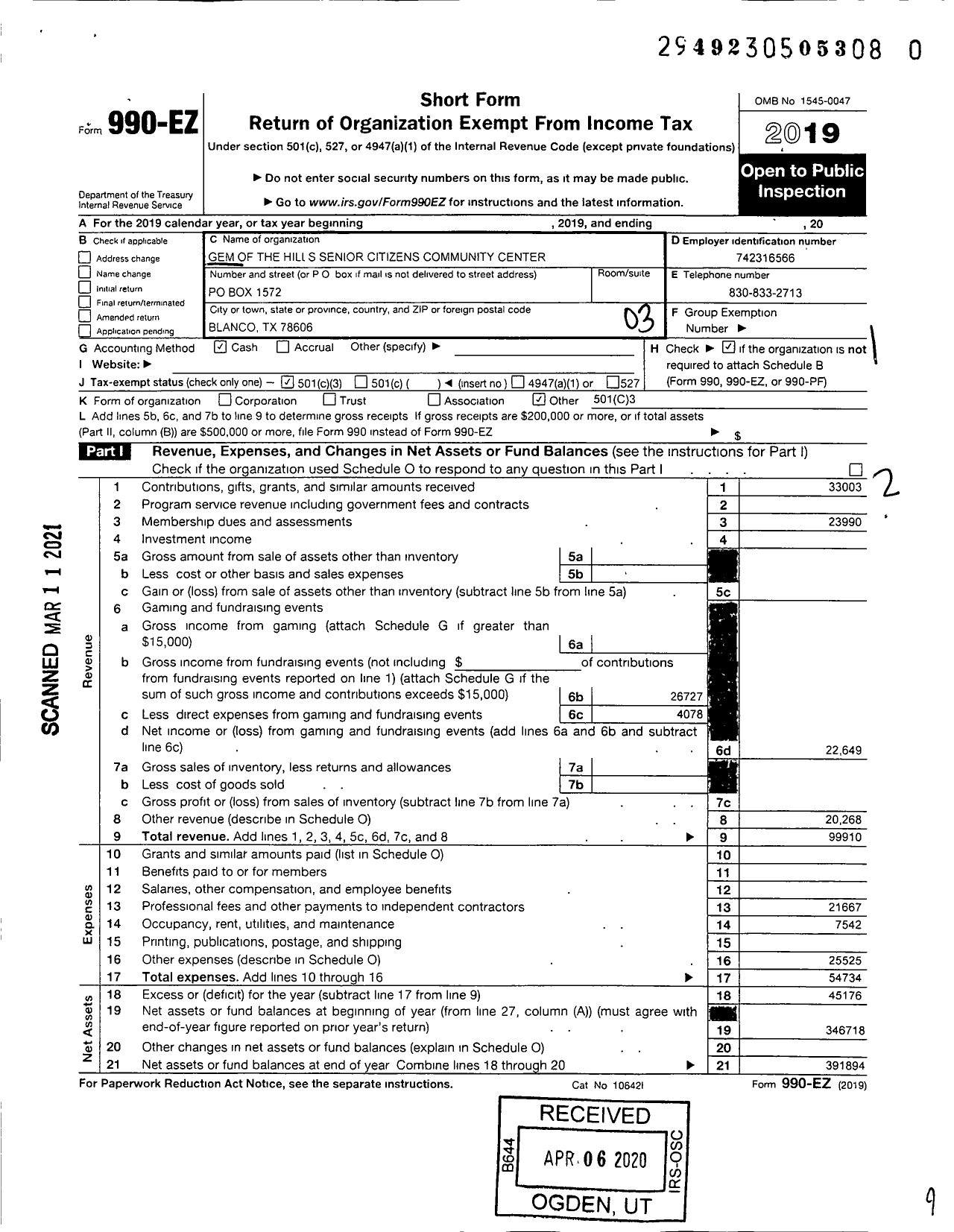 Image of first page of 2019 Form 990EZ for Gem of the Hills Senior Citizens Community Center