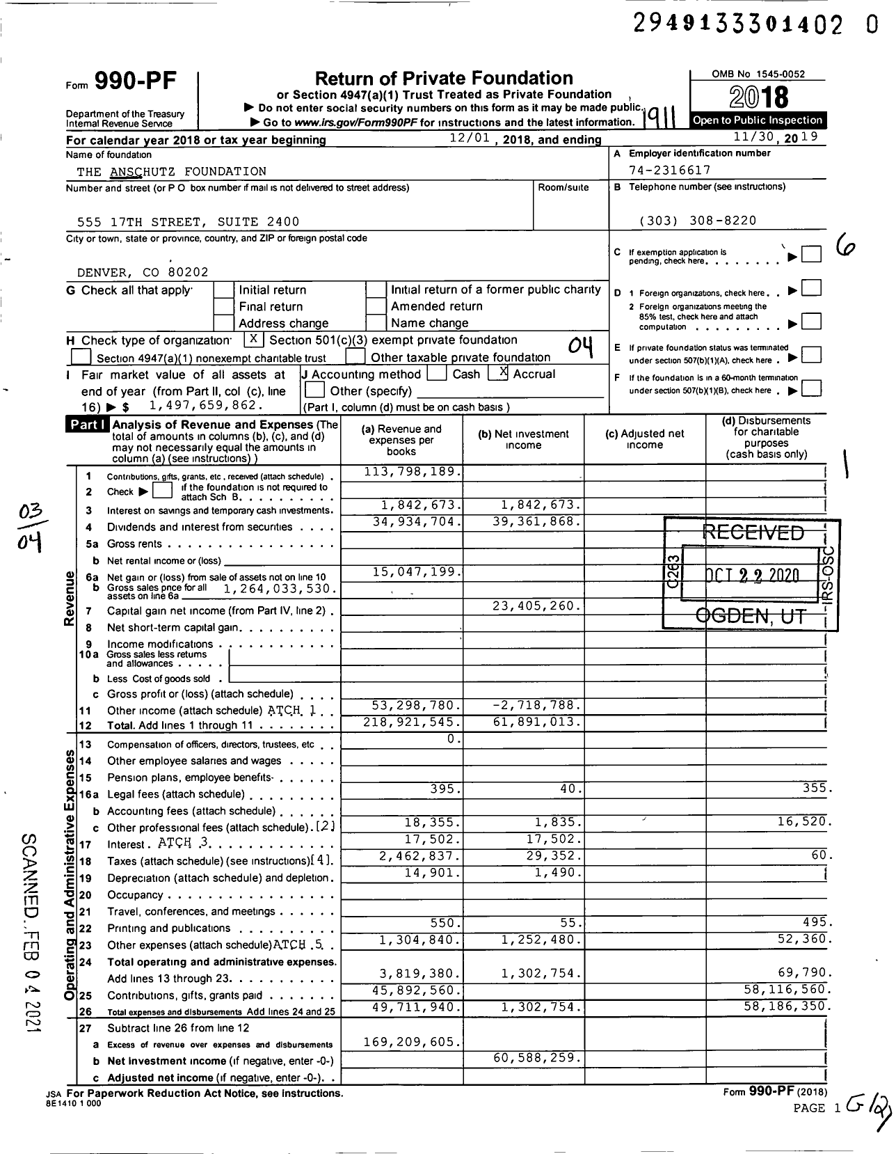 Image of first page of 2018 Form 990PF for Anschutz Foundation