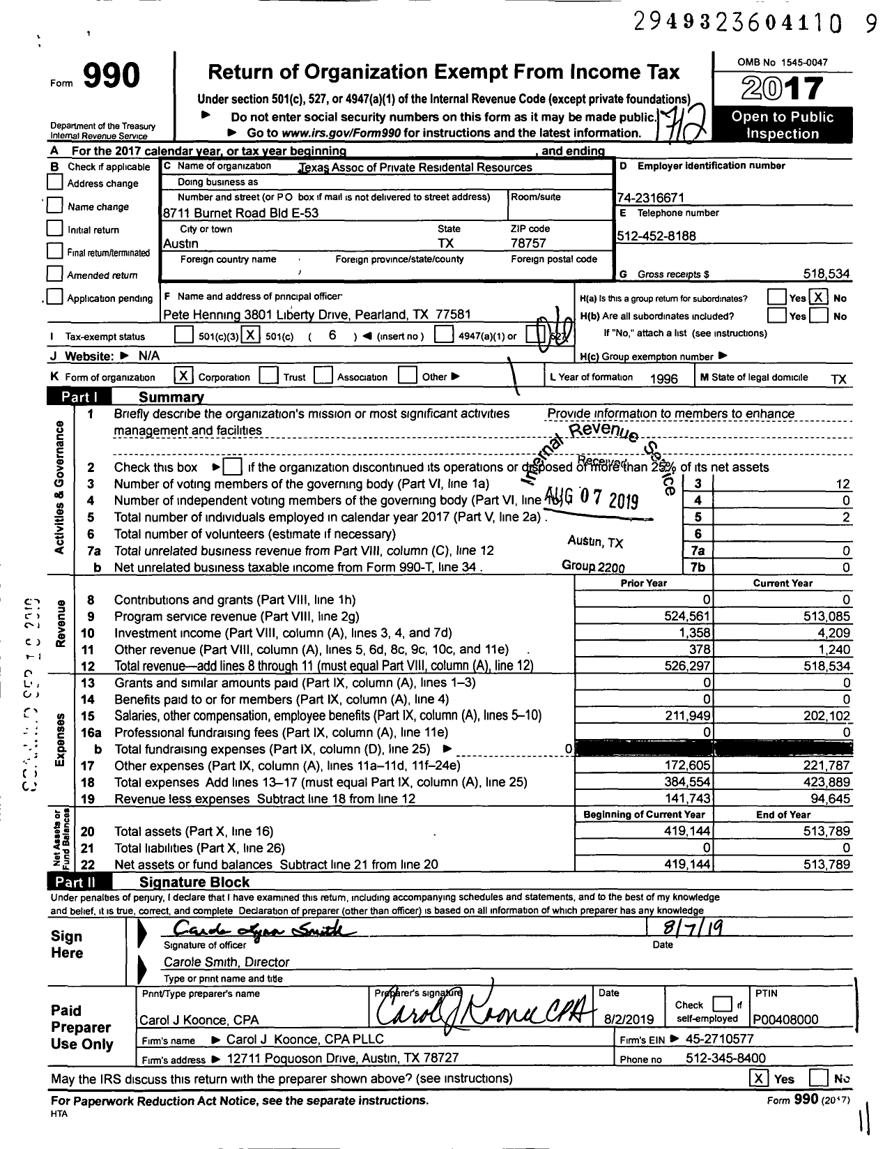 Image of first page of 2017 Form 990O for Texas Association of Private Residential Resources