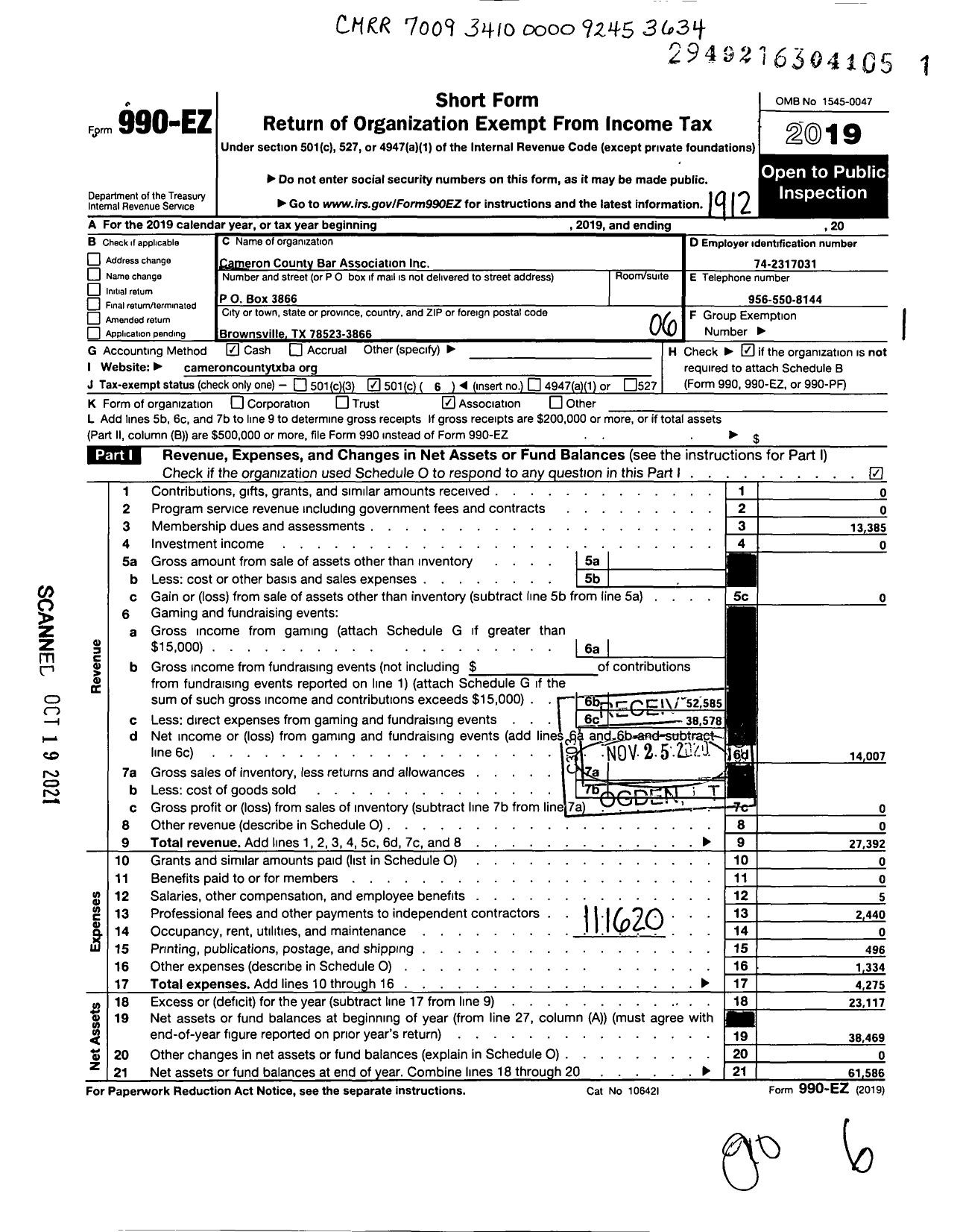 Image of first page of 2019 Form 990EO for Cameron County Bar Association