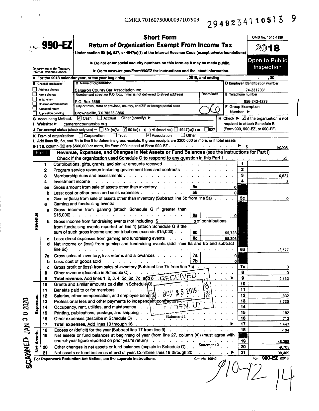 Image of first page of 2018 Form 990EO for Cameron County Bar Association