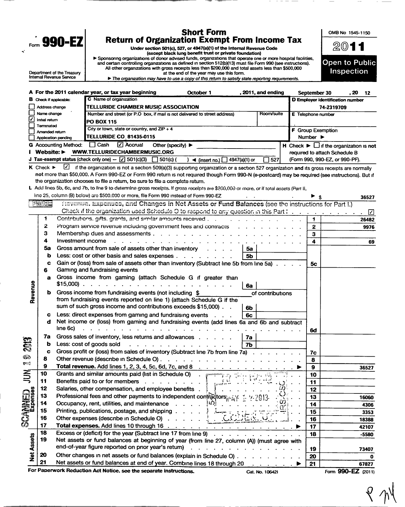 Image of first page of 2011 Form 990EZ for Telluride Chamber Music Association