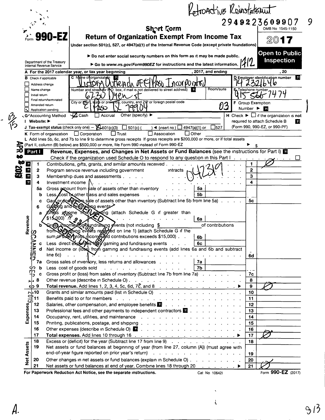 Image of first page of 2017 Form 990EZ for Victory Outreach of El Paso