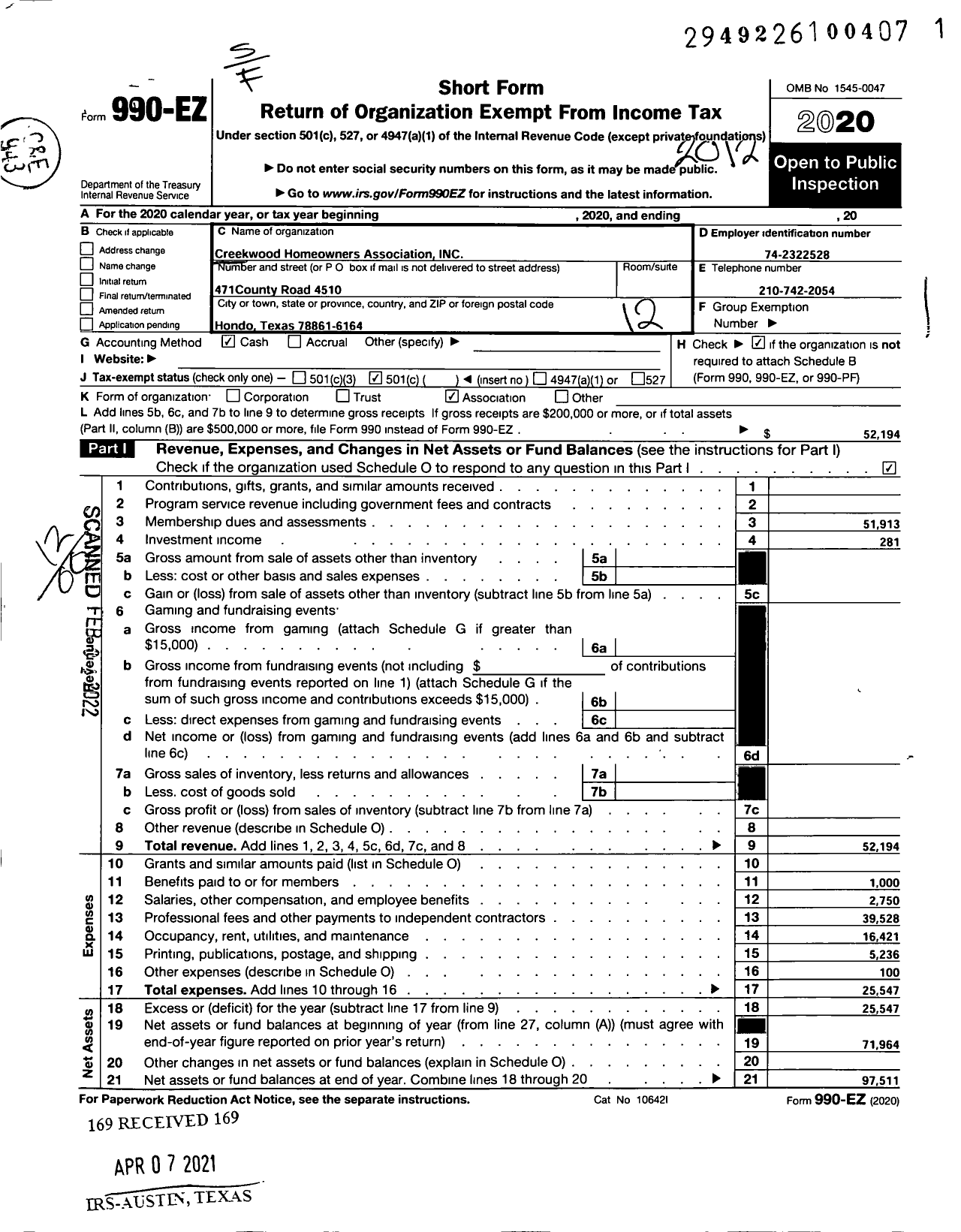 Image of first page of 2020 Form 990EO for Creekwood Homeowners Association