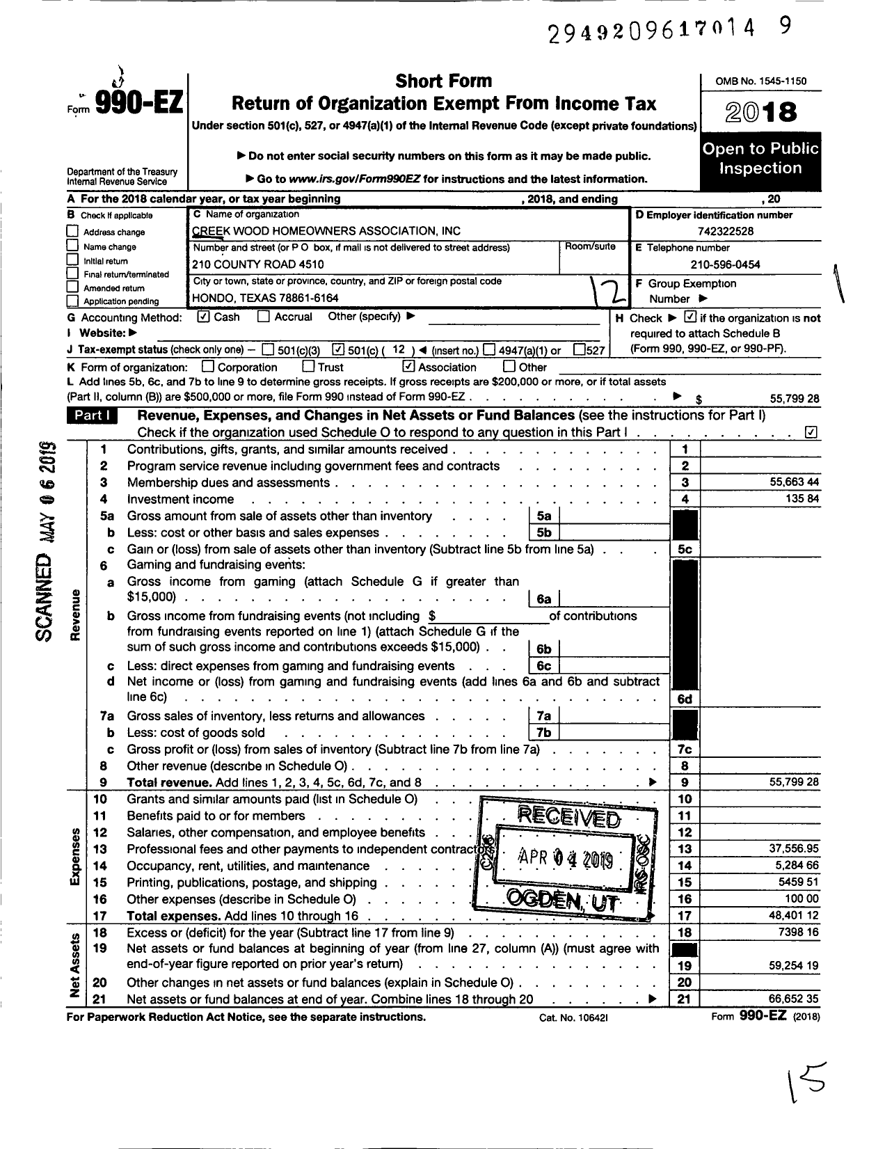 Image of first page of 2018 Form 990EO for Creekwood Homeowners Association