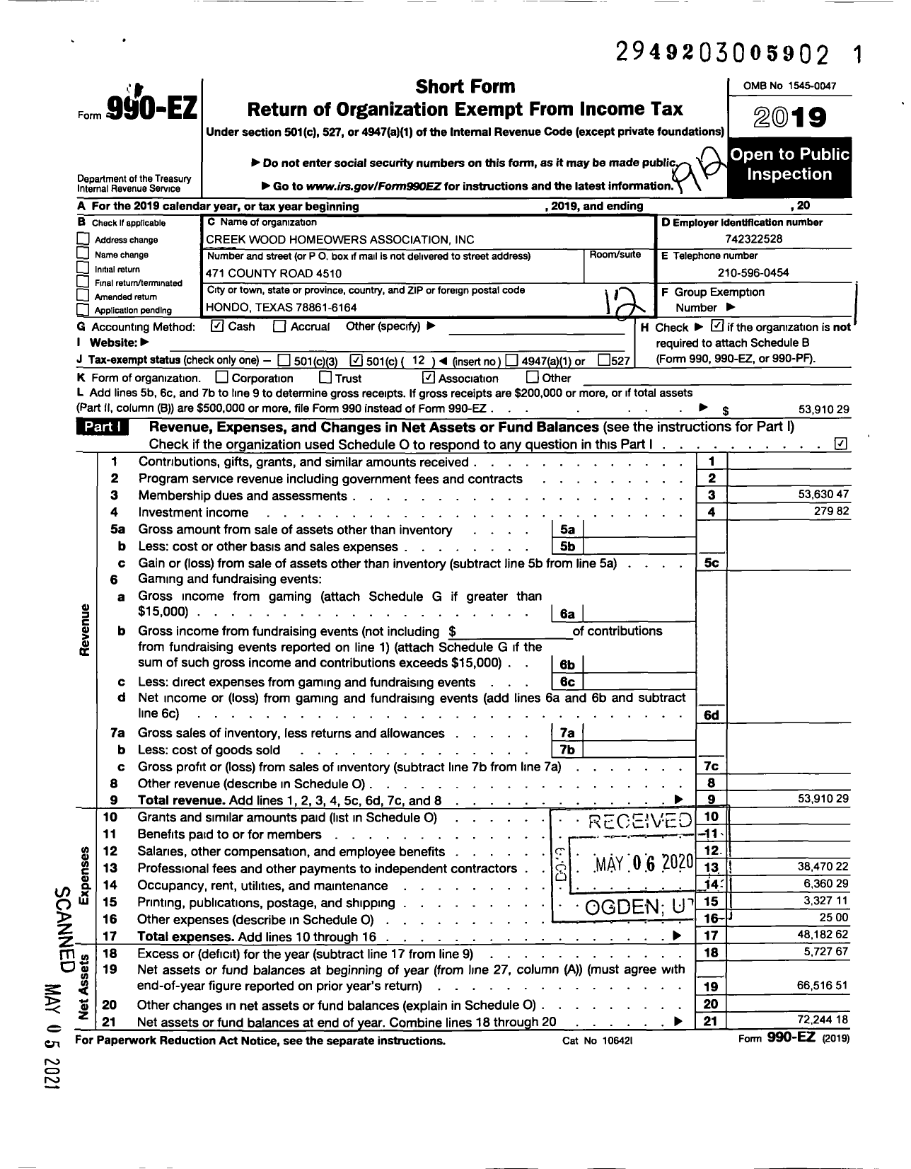 Image of first page of 2019 Form 990EO for Creekwood Homeowners Association