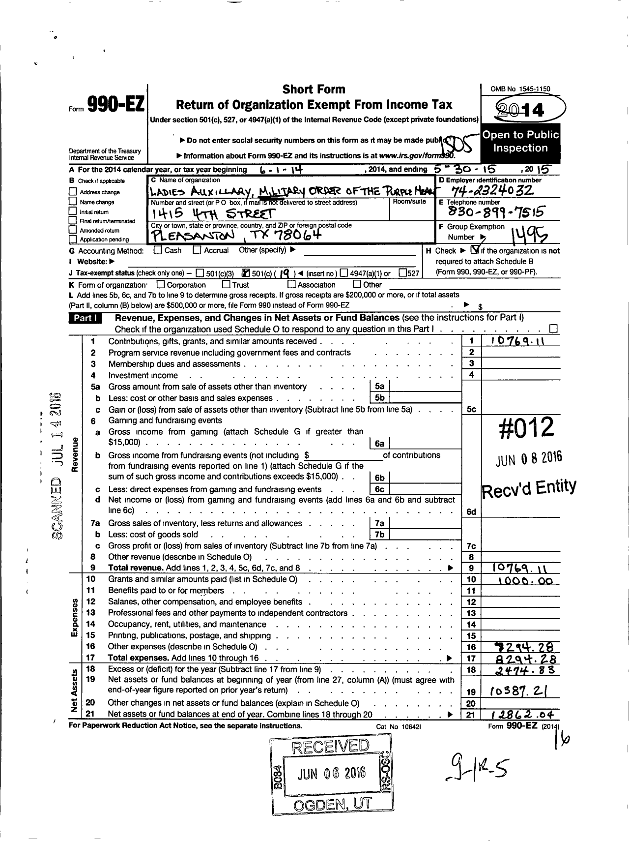 Image of first page of 2014 Form 990EO for Military Order of the Purple Heart - 1836 Mopha Unit