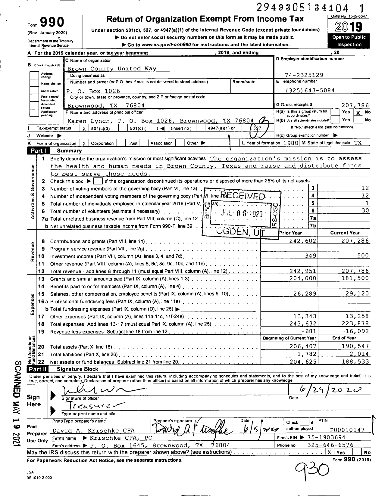 Image of first page of 2019 Form 990 for Brown County United Way