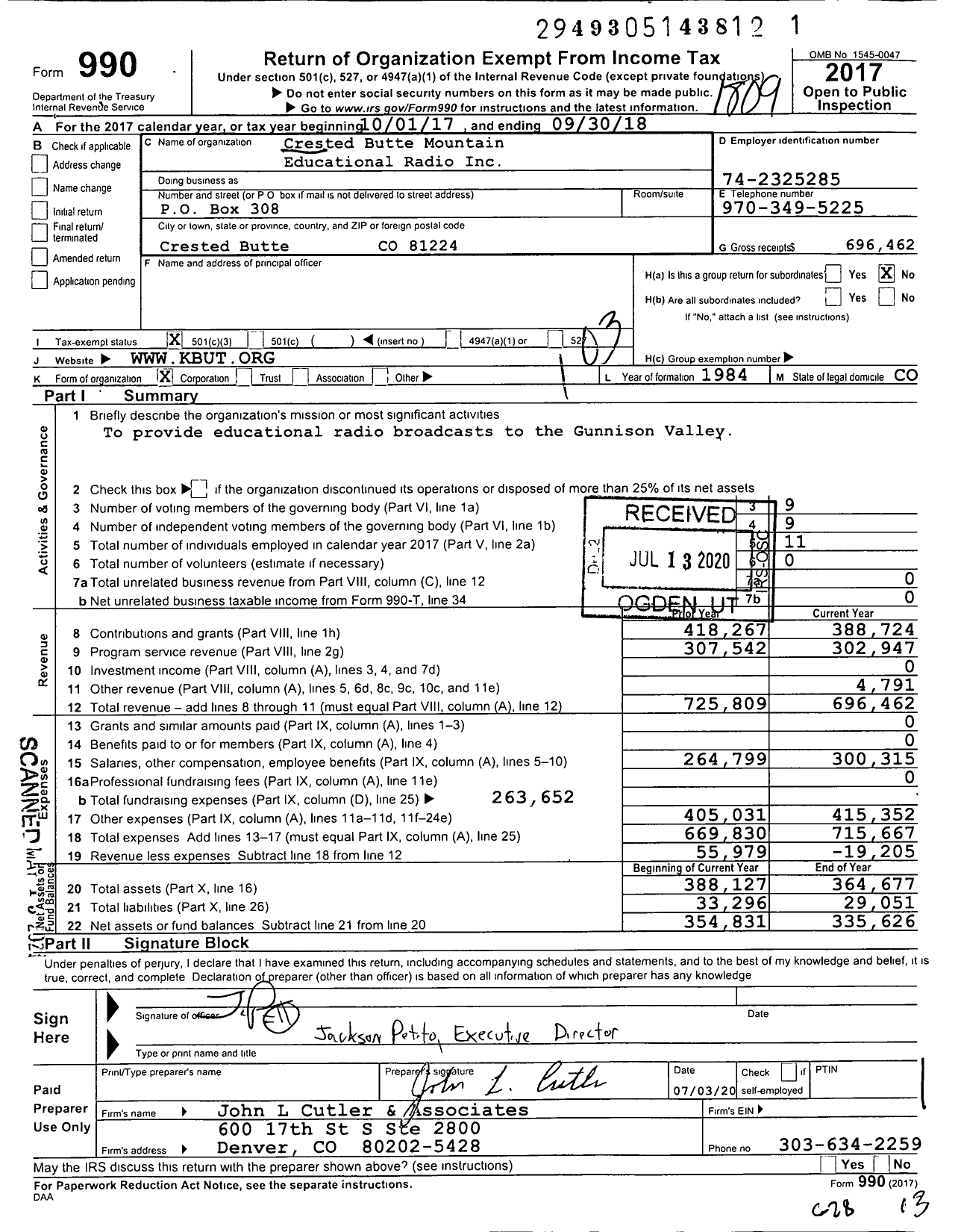 Image of first page of 2017 Form 990 for Crested Butte Mountain Educational Radio