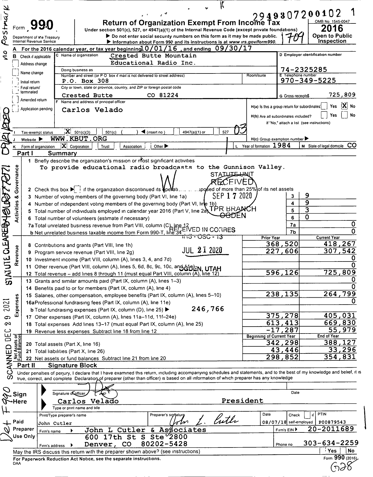 Image of first page of 2016 Form 990 for Crested Butte Mountain Educational Radio