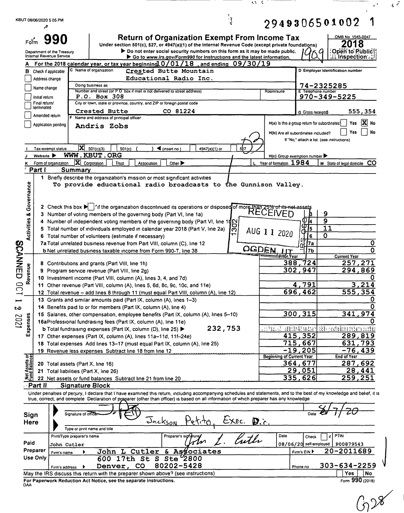 Image of first page of 2018 Form 990 for Crested Butte Mountain Educational Radio