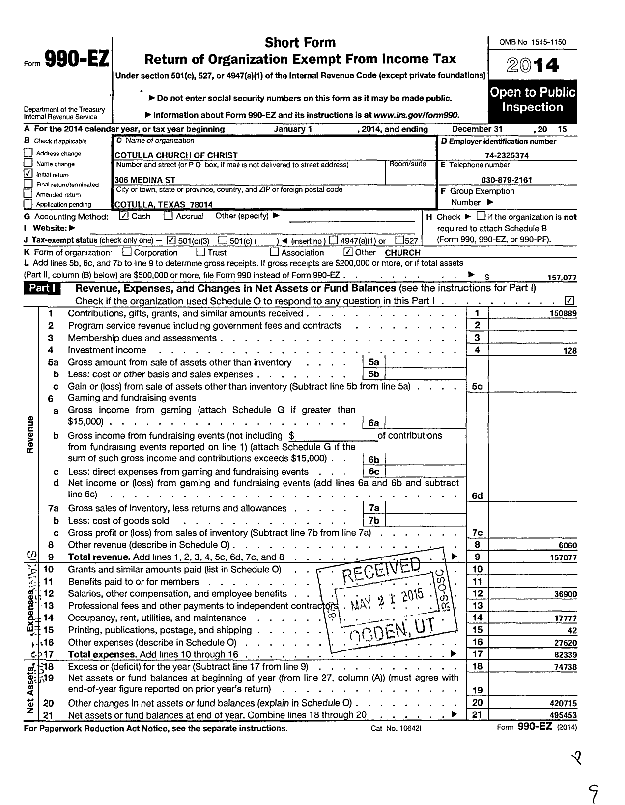 Image of first page of 2015 Form 990EZ for Cotulla Church of Christ