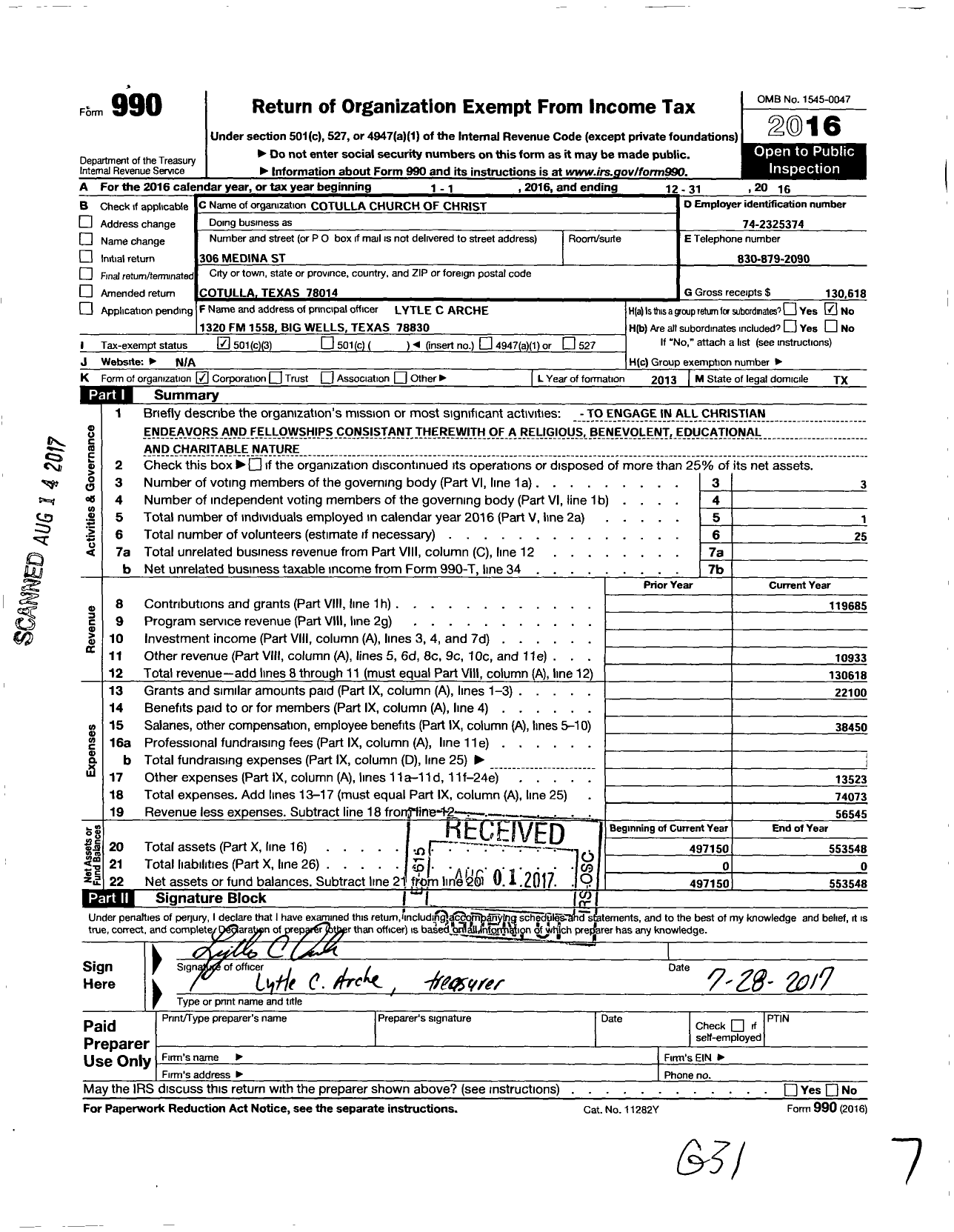 Image of first page of 2016 Form 990 for Cotulla Church of Christ