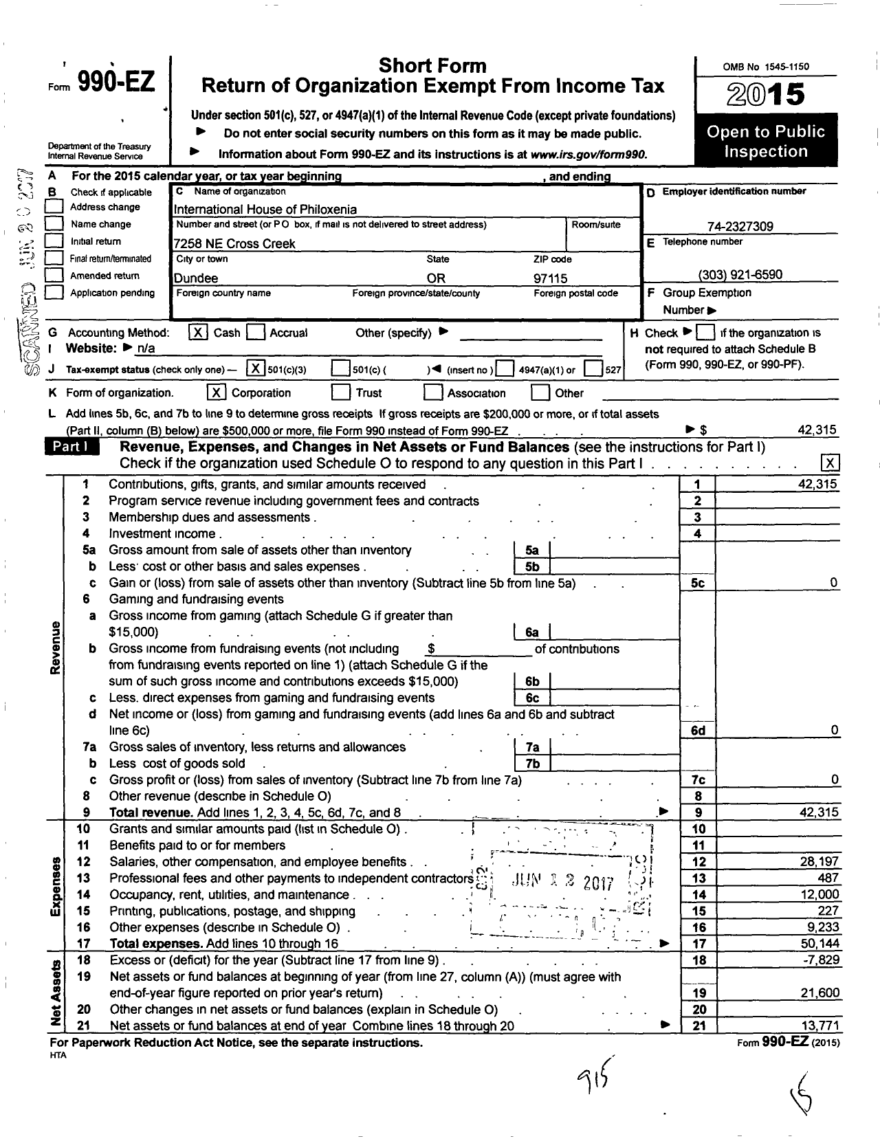 Image of first page of 2015 Form 990EZ for International House of Philoxenia