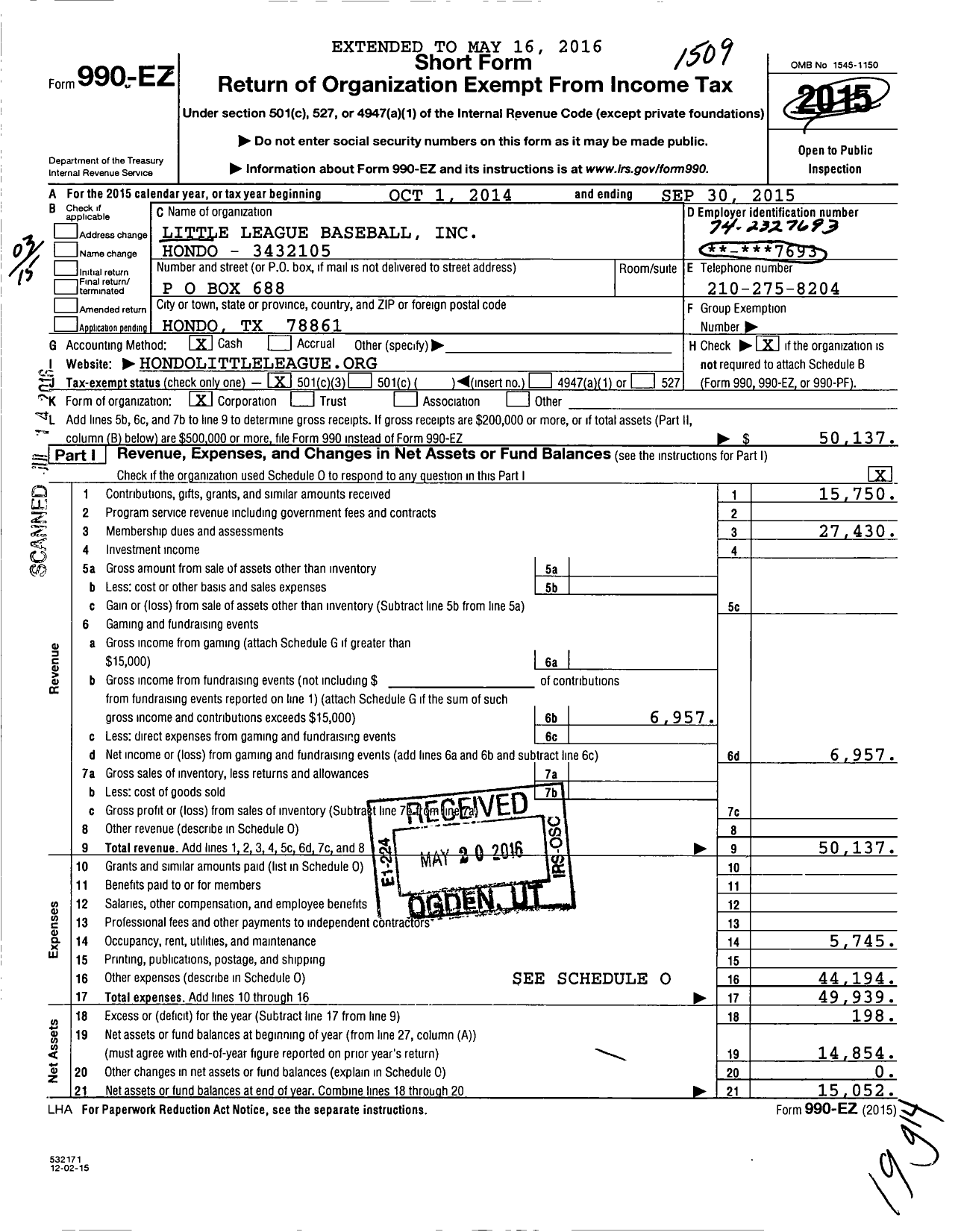 Image of first page of 2014 Form 990EZ for Little League Baseball - 3432105 Hondo LL