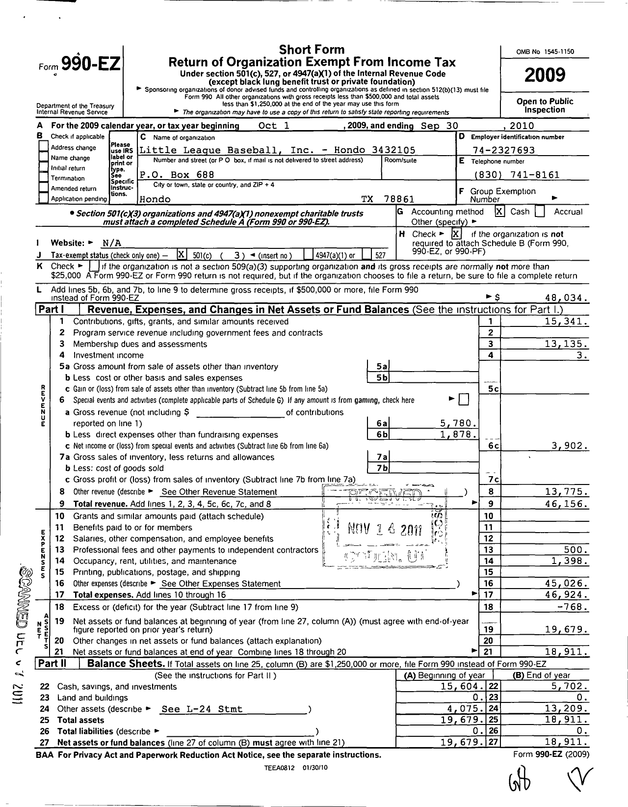 Image of first page of 2009 Form 990EZ for Little League Baseball - 3432105 Hondo LL