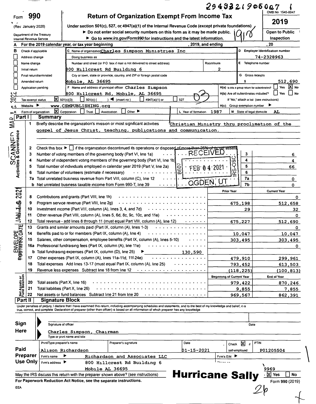 Image of first page of 2019 Form 990 for Charles Simpson Ministries