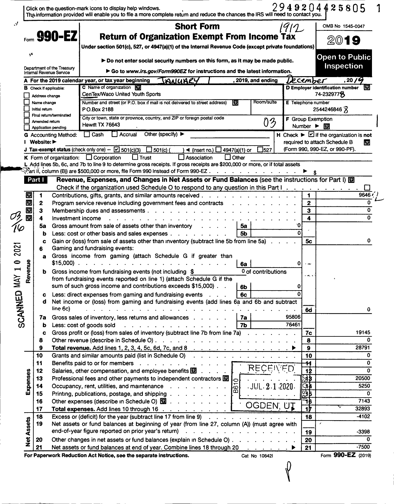 Image of first page of 2019 Form 990EZ for Midway United Youth Sports