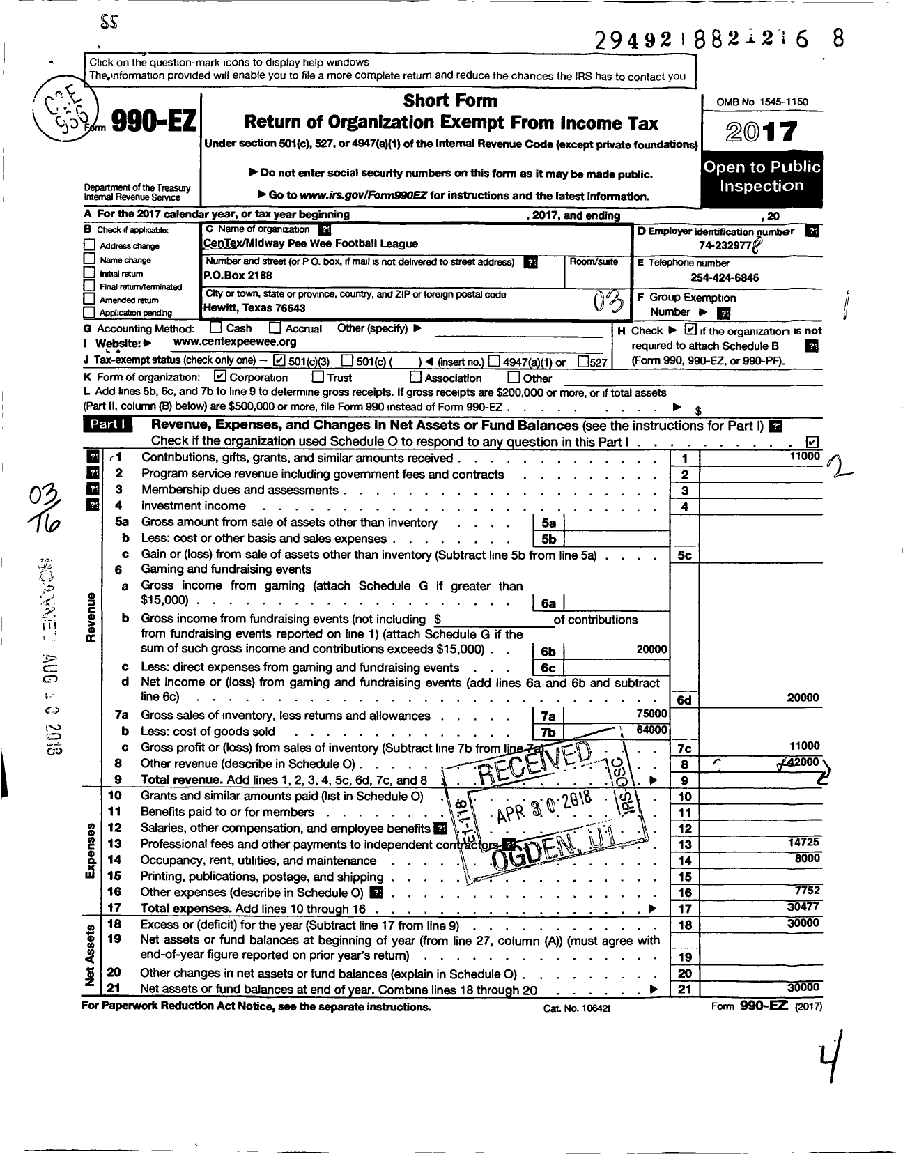 Image of first page of 2017 Form 990EZ for Midway United Youth Sports