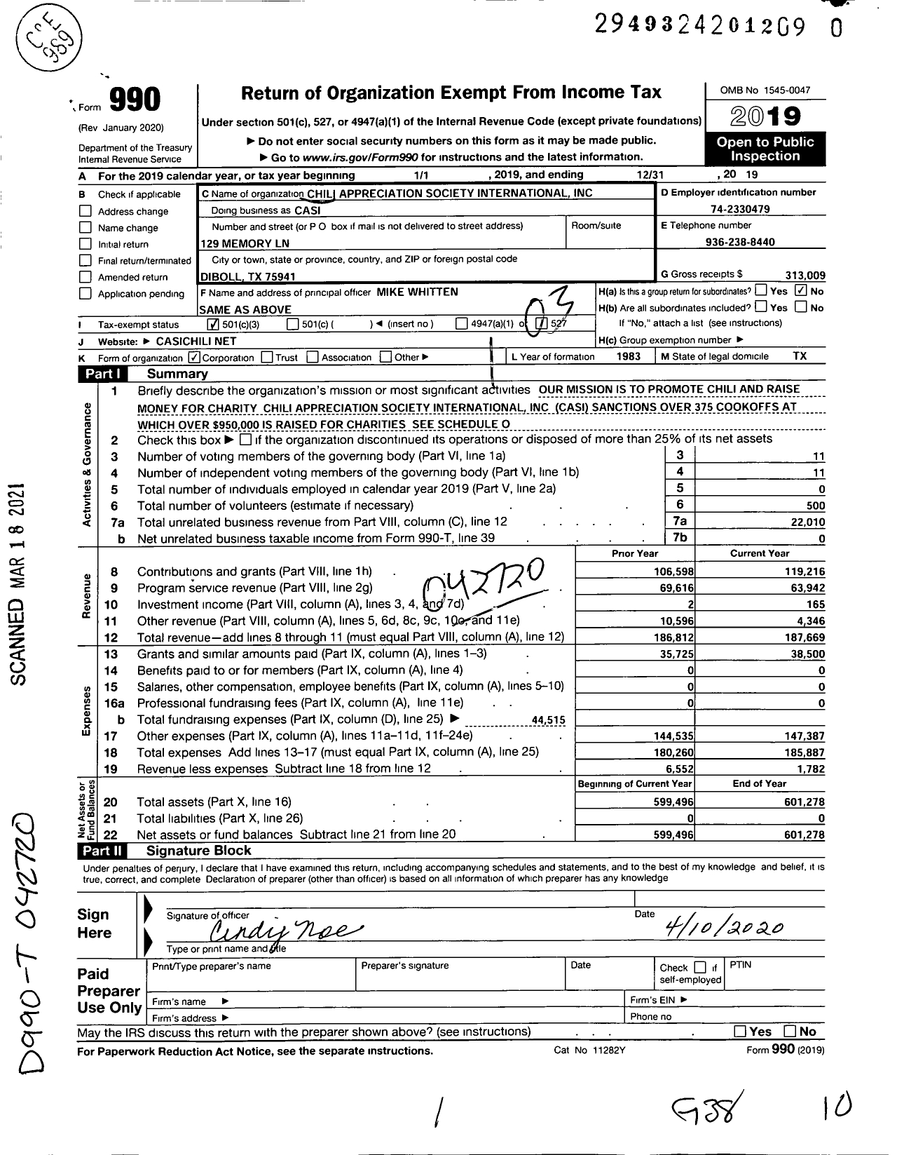 Image of first page of 2019 Form 990 for Chili Appreciation Society International (CASI)