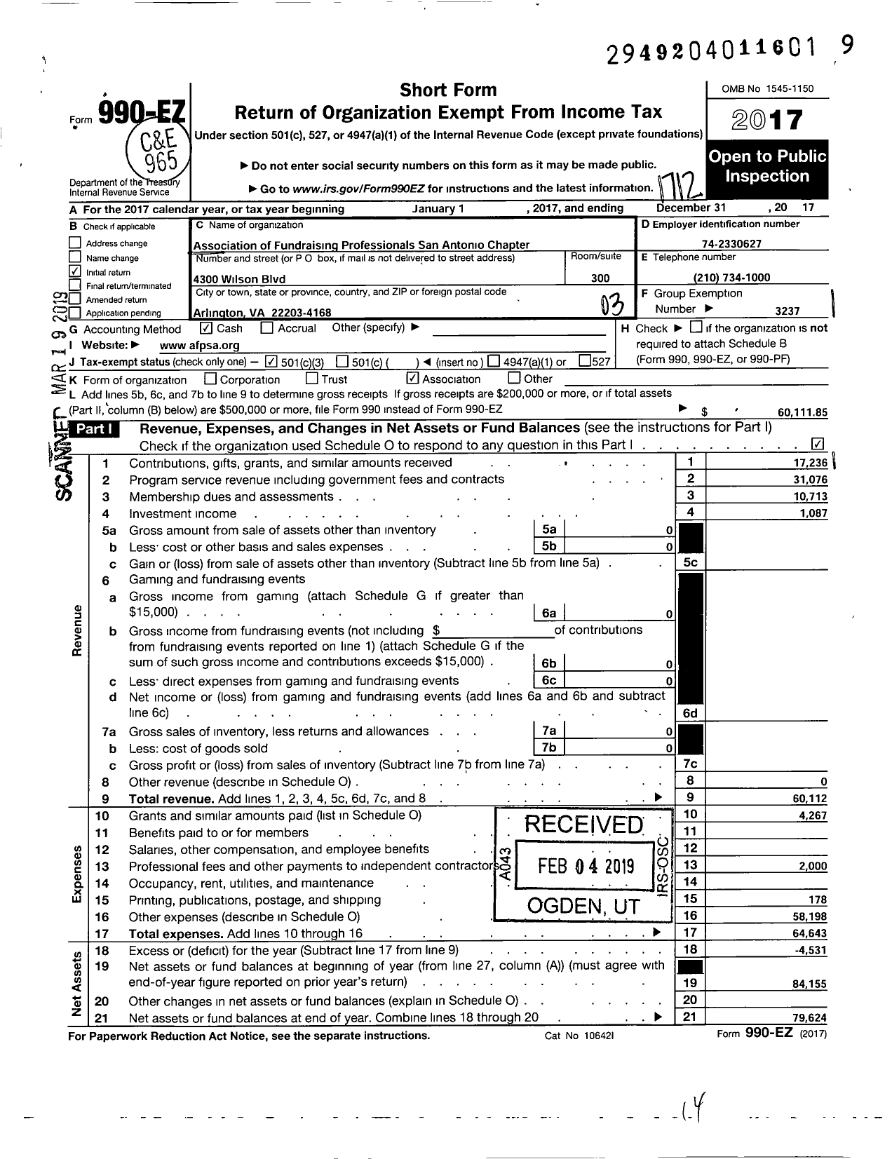 Image of first page of 2017 Form 990EZ for Association of Fundraising Professionals - TX San Antonio Chapter