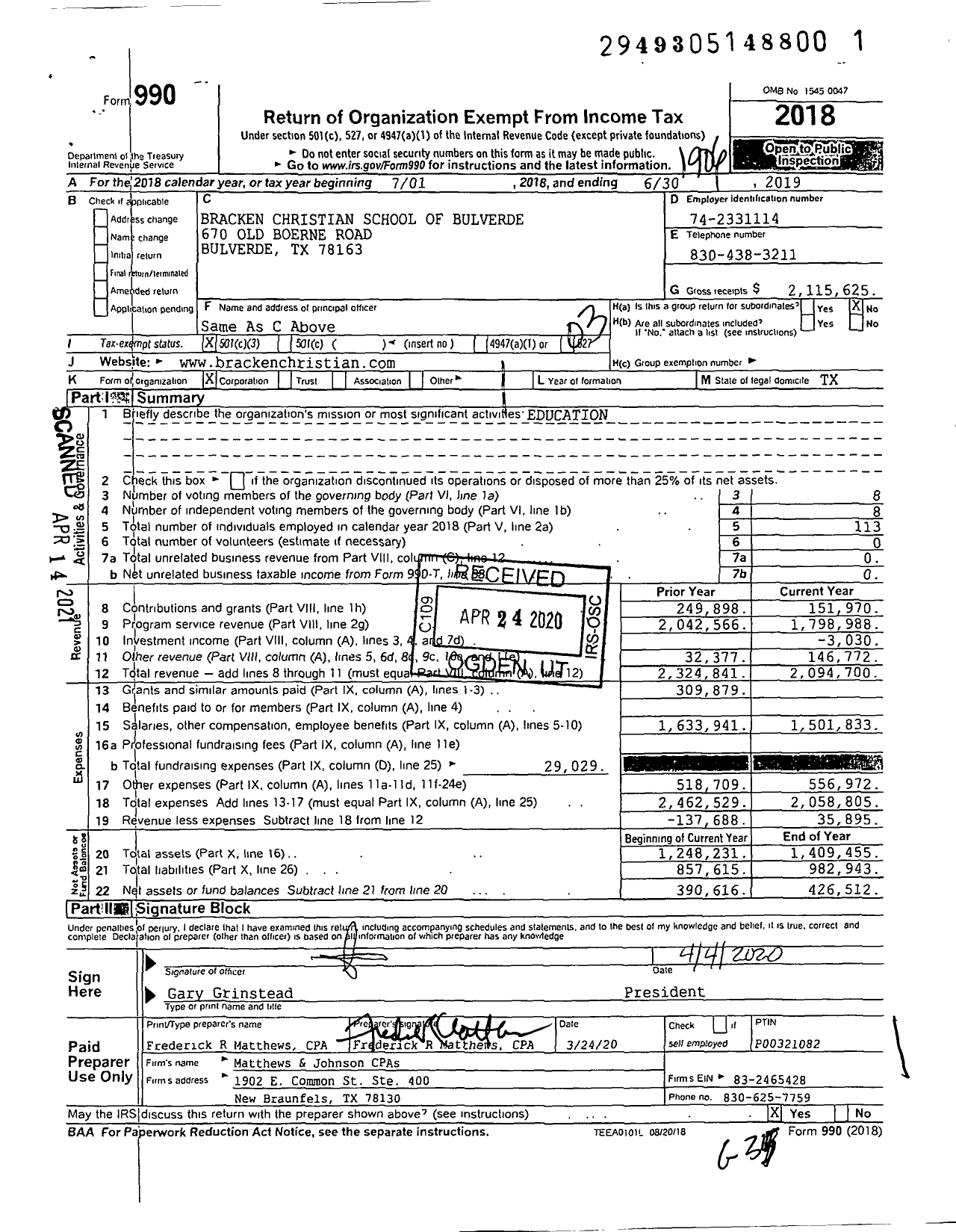 Image of first page of 2018 Form 990 for Bracken Christian School of Bulverde