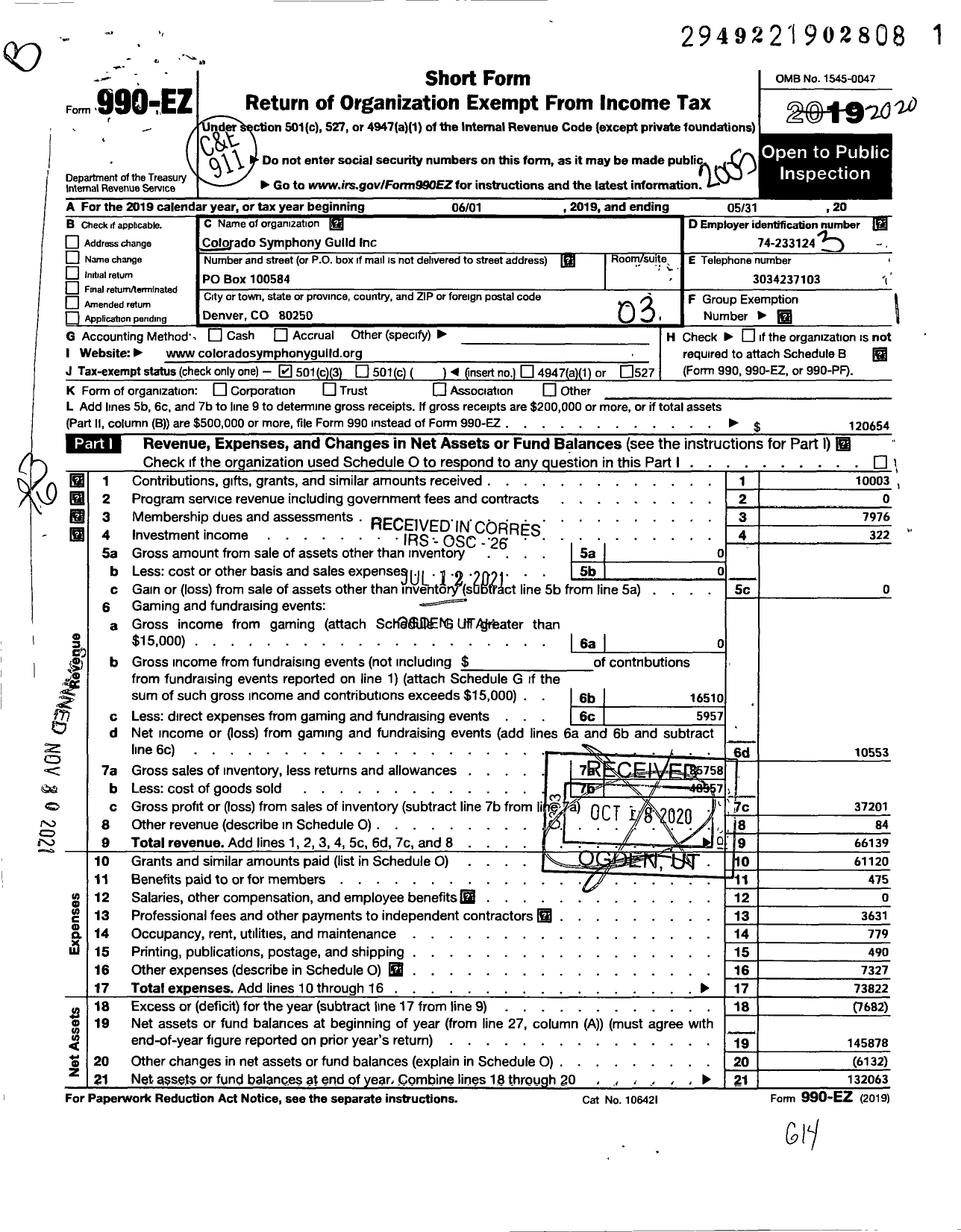 Image of first page of 2019 Form 990EZ for Colorado Symphony Guild