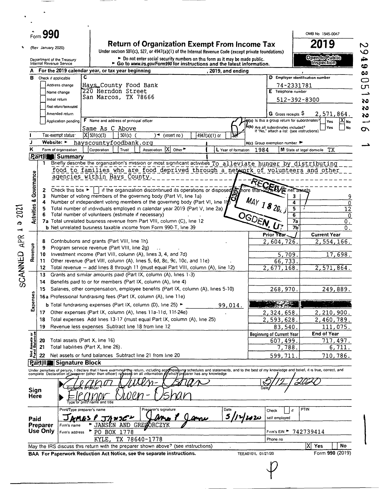 Image of first page of 2019 Form 990 for Hays County Food Bank