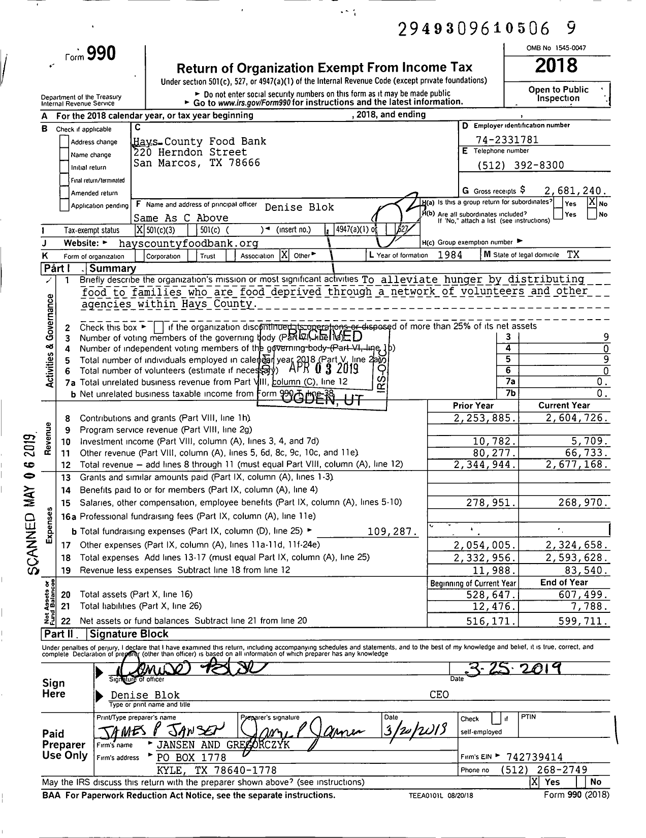 Image of first page of 2018 Form 990 for Hays County Food Bank