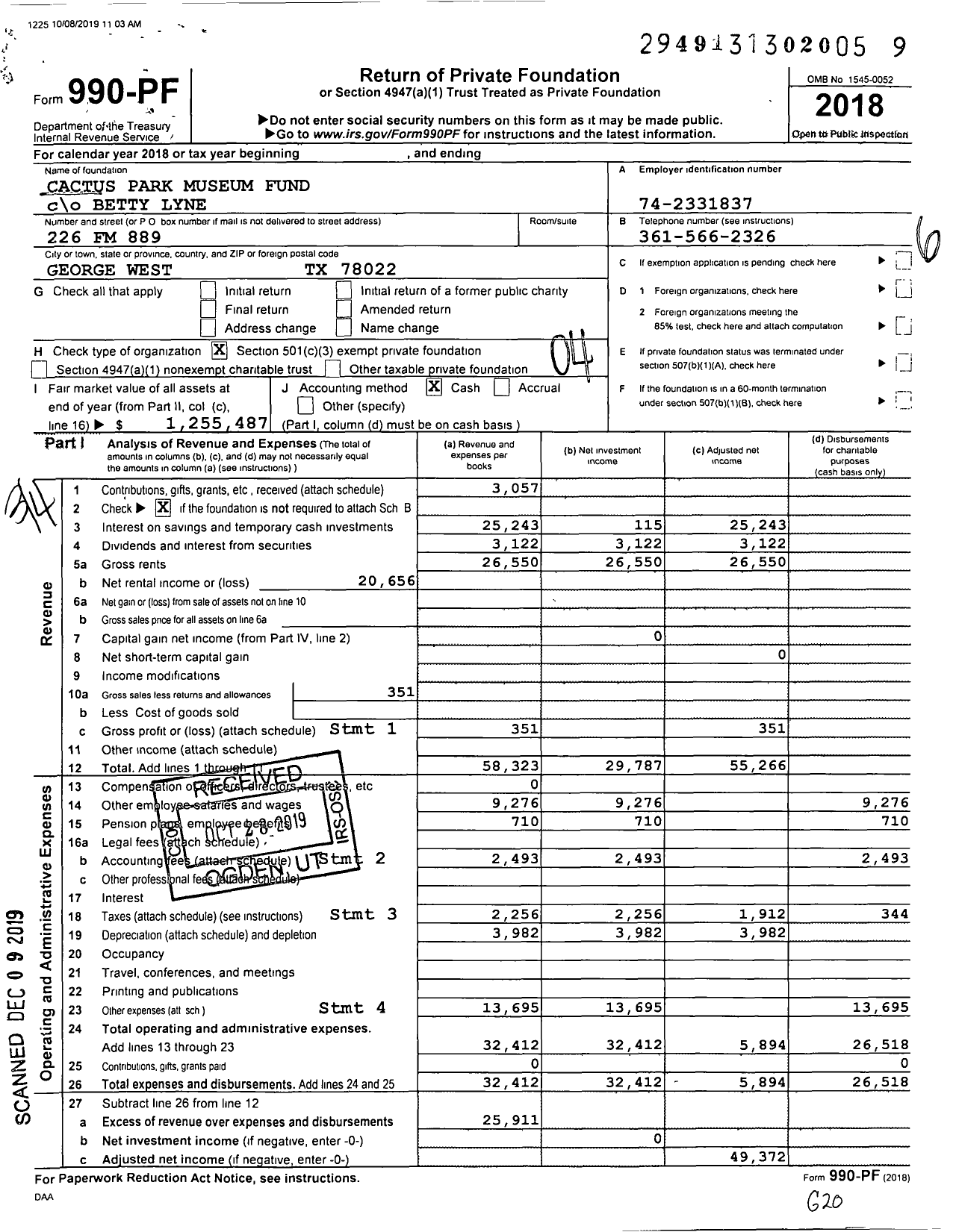 Image of first page of 2018 Form 990PF for Cactus Park Museum Fund