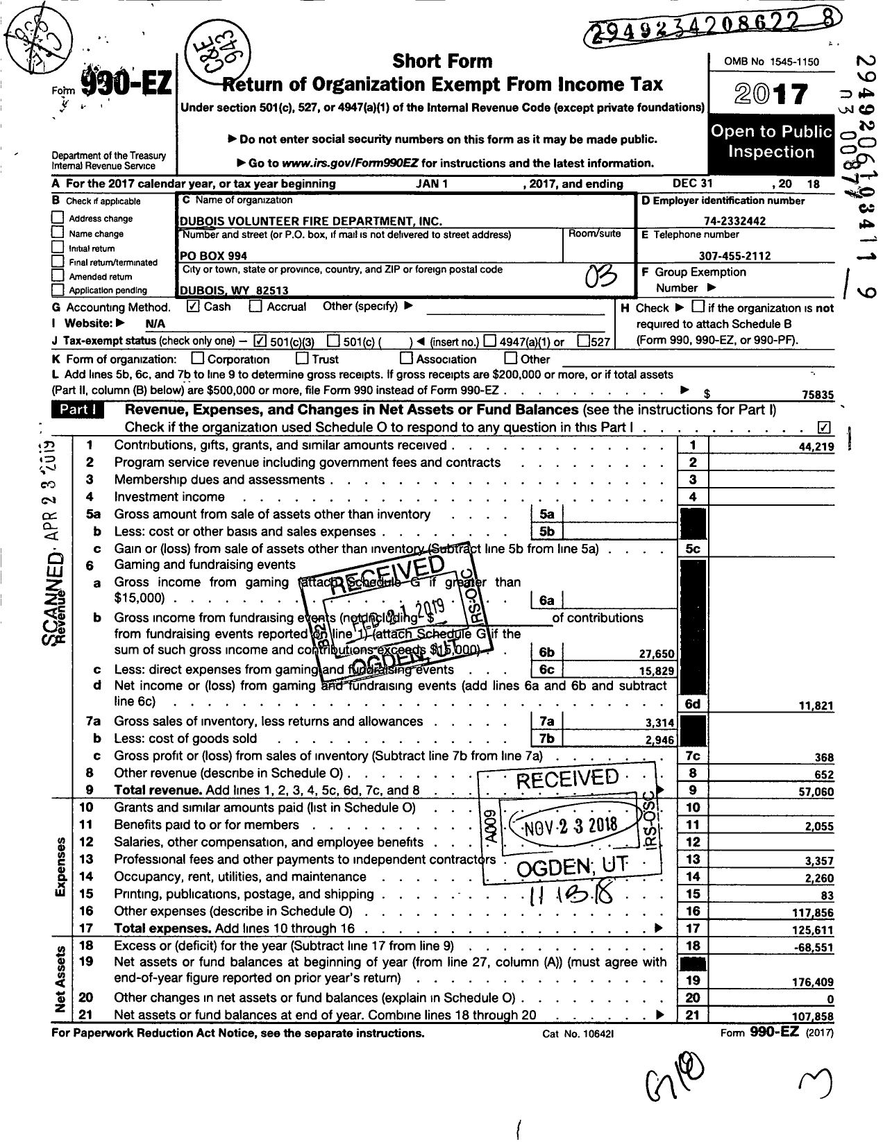 Image of first page of 2018 Form 990EZ for Dubois Volunteer Fire Department