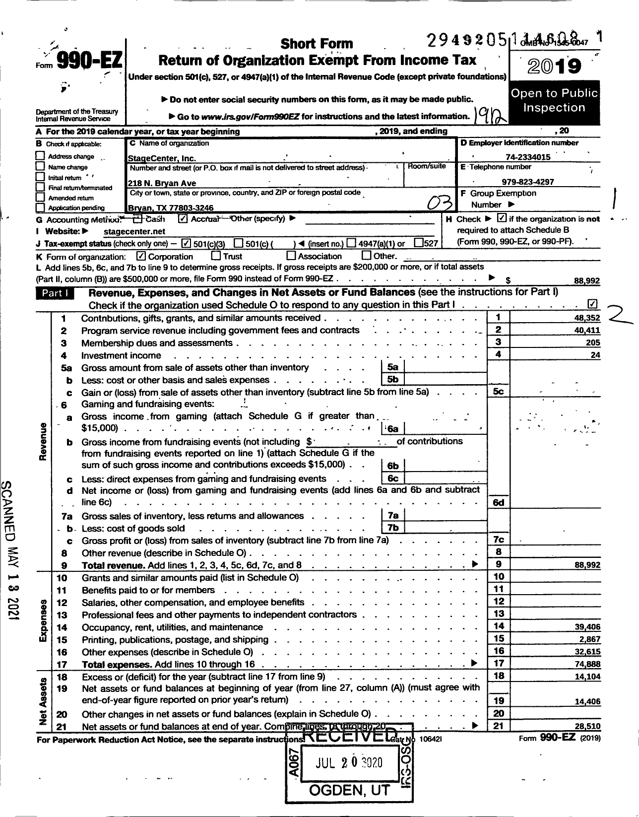 Image of first page of 2019 Form 990EZ for StageCenter