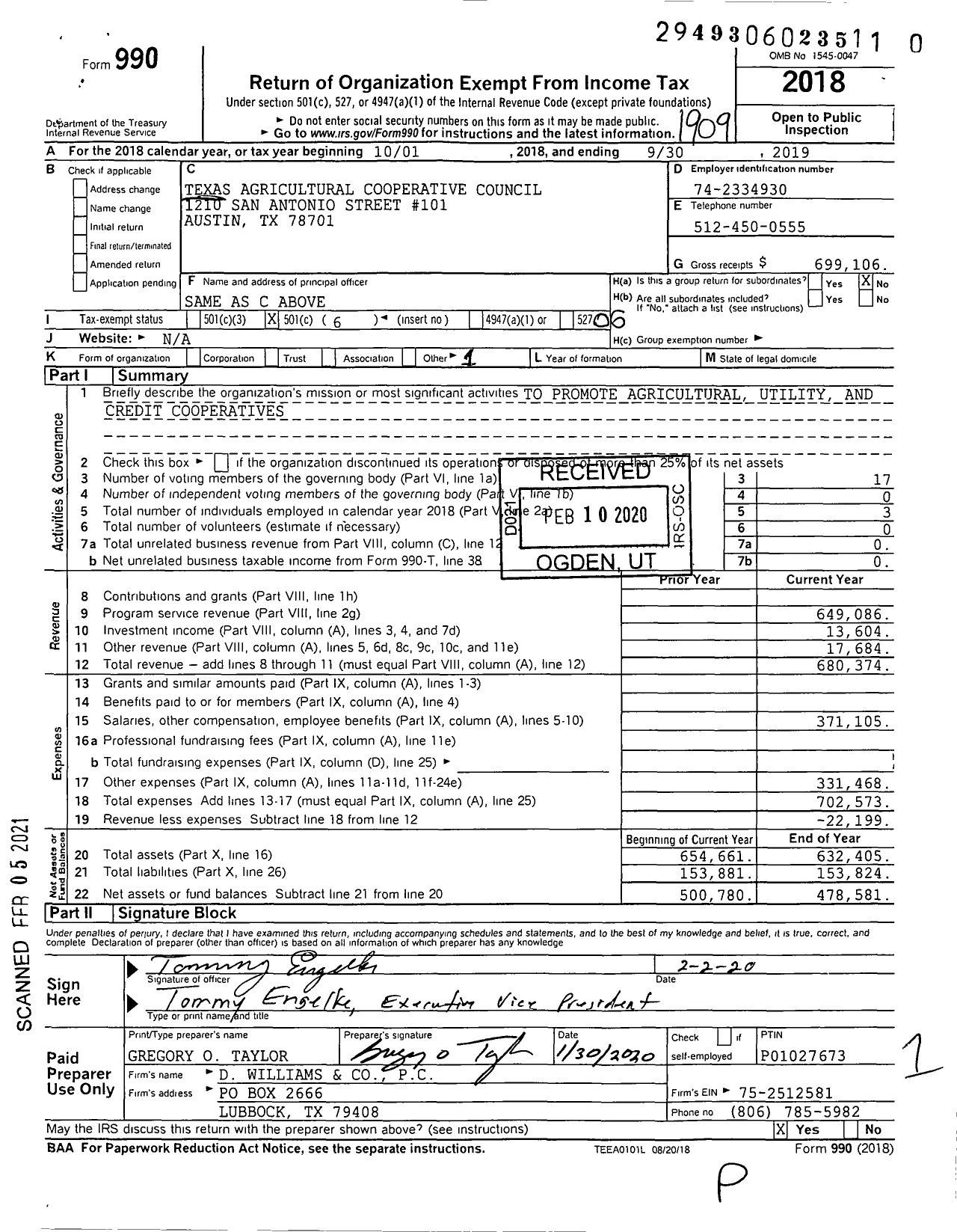 Image of first page of 2018 Form 990O for Texas Agricultural Cooperative Council