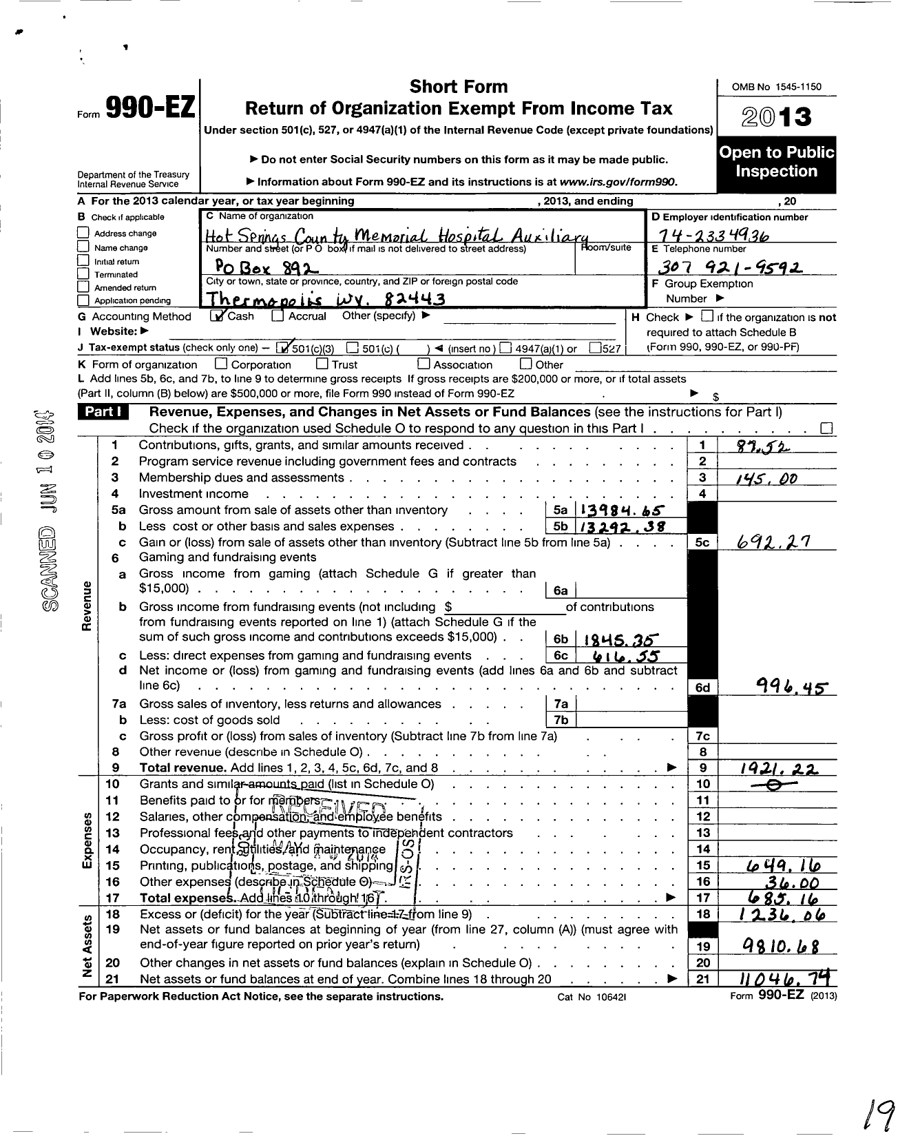 Image of first page of 2013 Form 990EZ for Hot Springs Memorial Hospital Auxiliary