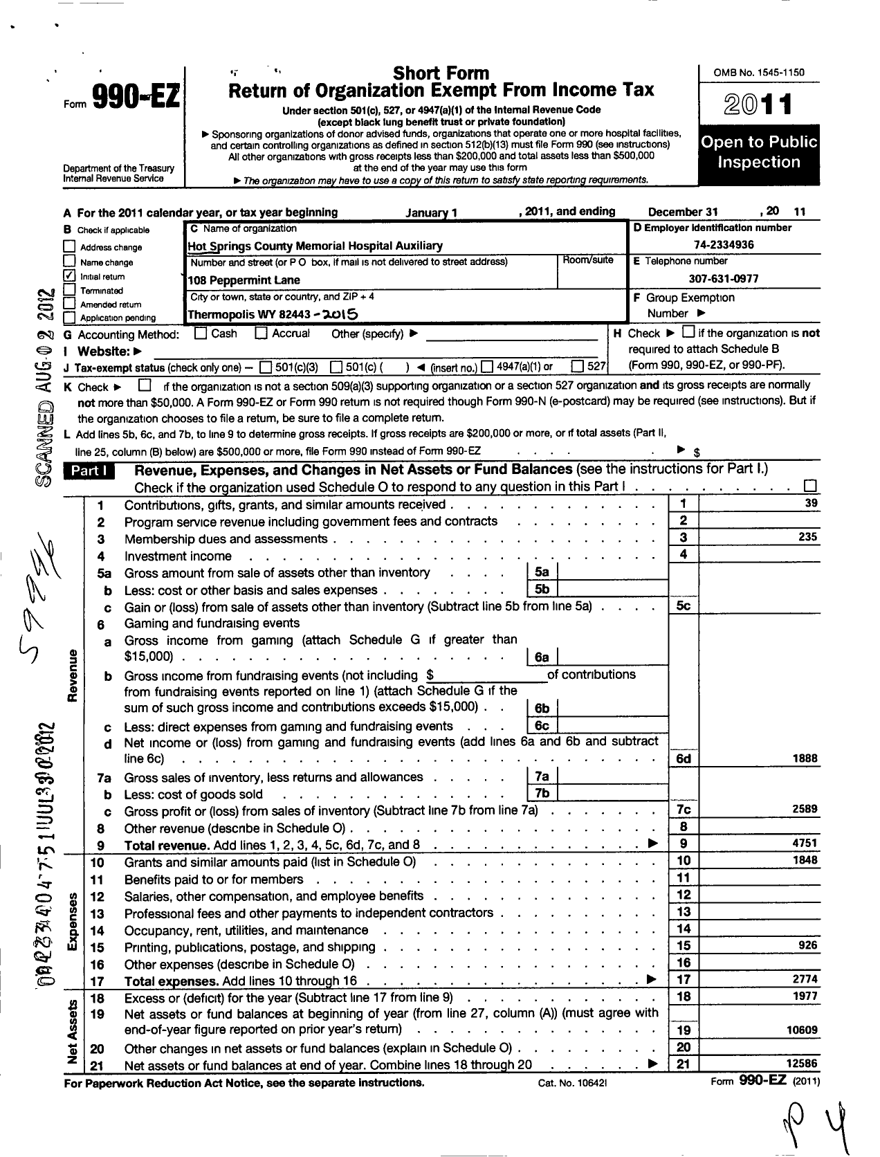 Image of first page of 2011 Form 990EO for Hot Springs Memorial Hospital Auxiliary