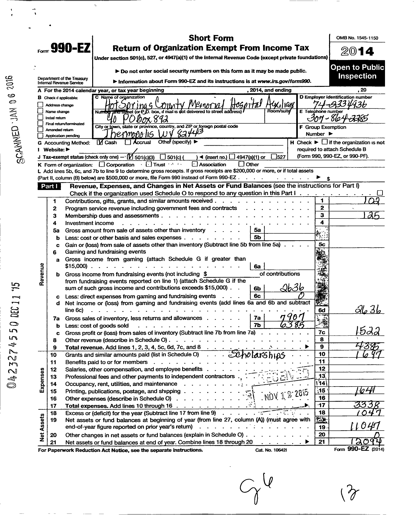 Image of first page of 2014 Form 990EZ for Hot Springs Memorial Hospital Auxiliary