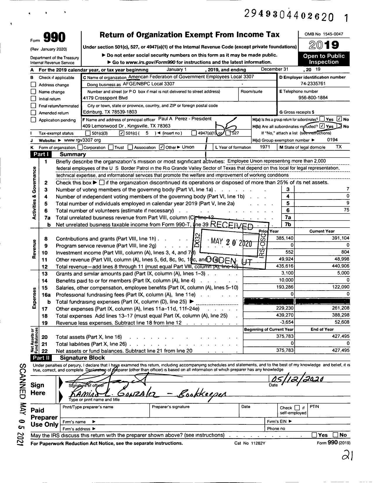 Image of first page of 2019 Form 990O for American Federation of Government Employees - Afge-Nbpc Local 3307