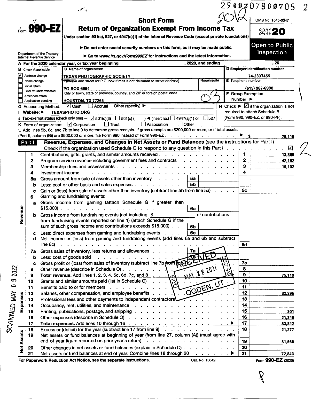 Image of first page of 2020 Form 990EZ for Texas Photographic Society