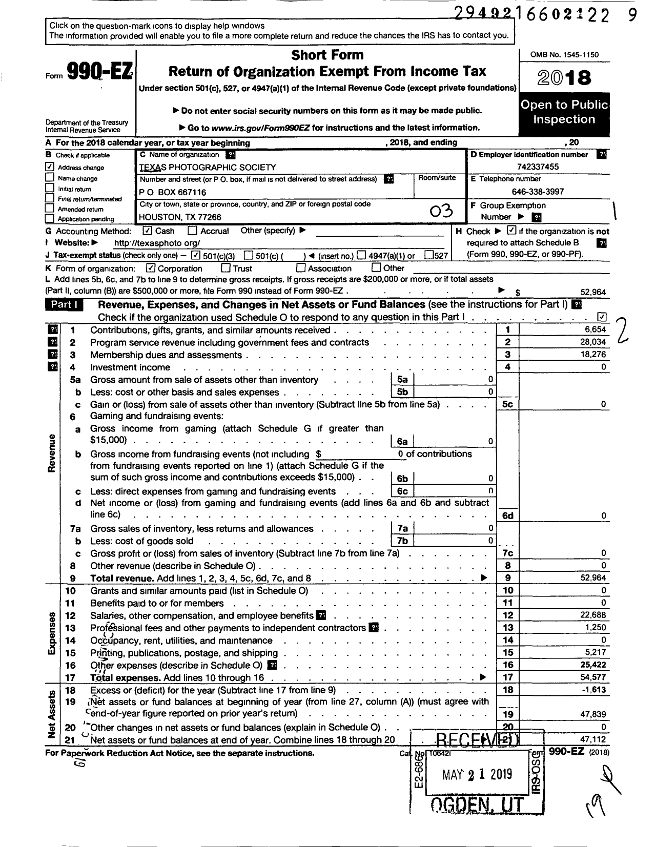 Image of first page of 2018 Form 990EZ for Texas Photographic Society