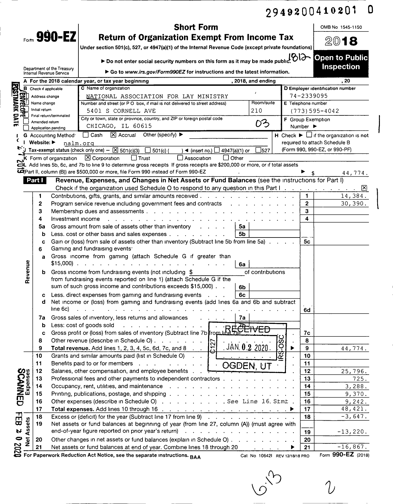 Image of first page of 2018 Form 990EZ for National Association for Lay Ministry