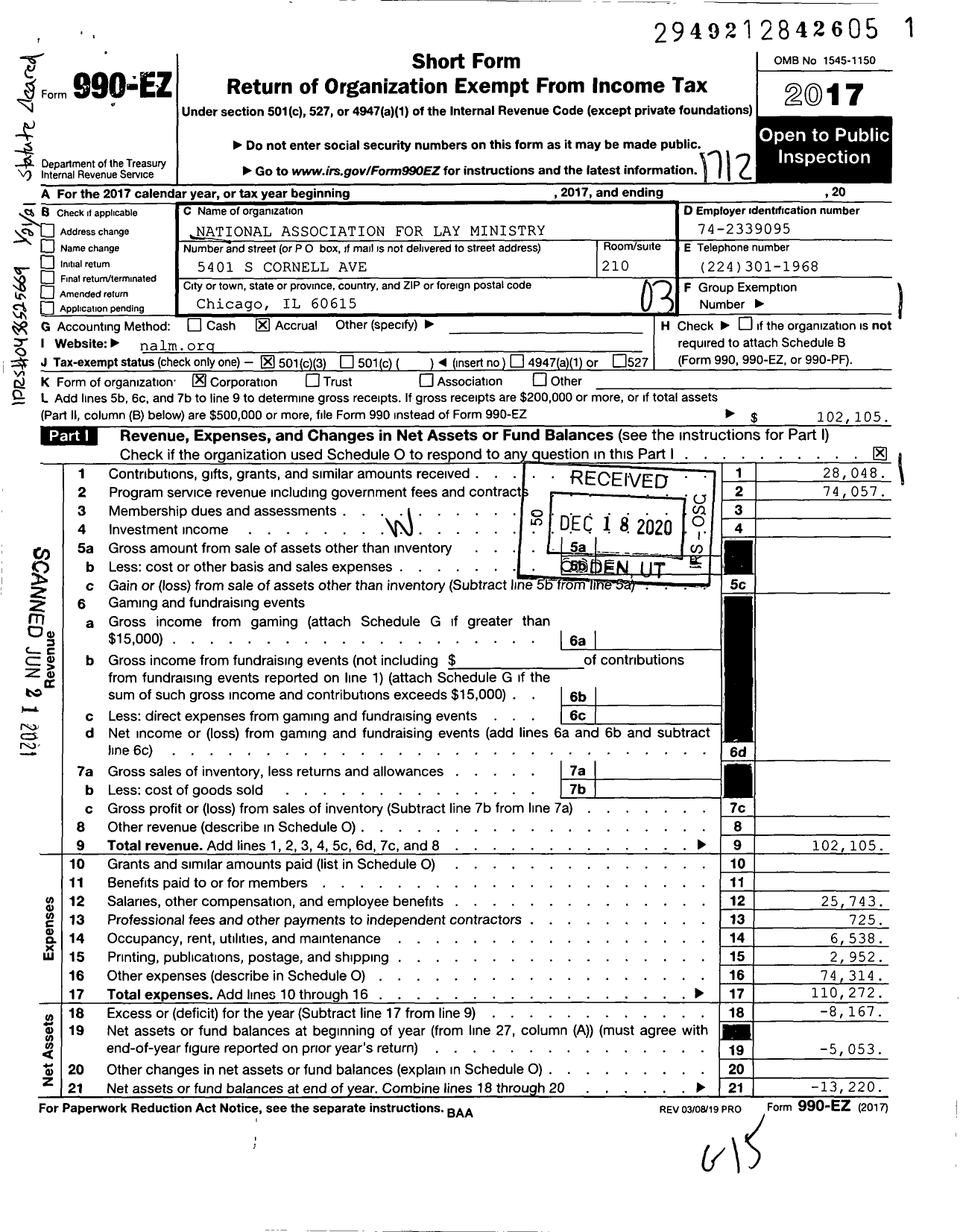 Image of first page of 2017 Form 990EZ for National Association for Lay Ministry