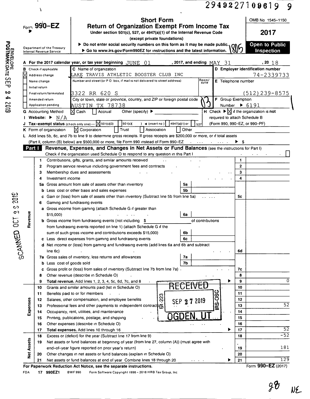 Image of first page of 2017 Form 990EZ for Lake Travis Athletic Booster Club