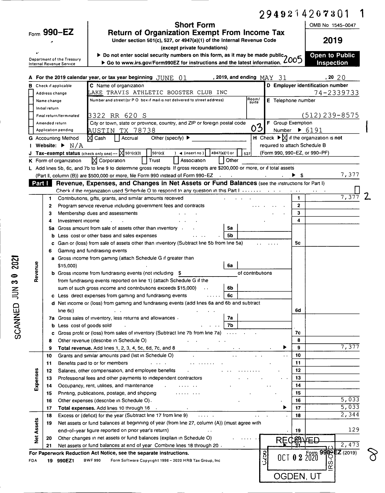 Image of first page of 2019 Form 990EZ for Lake Travis Athletic Booster Club