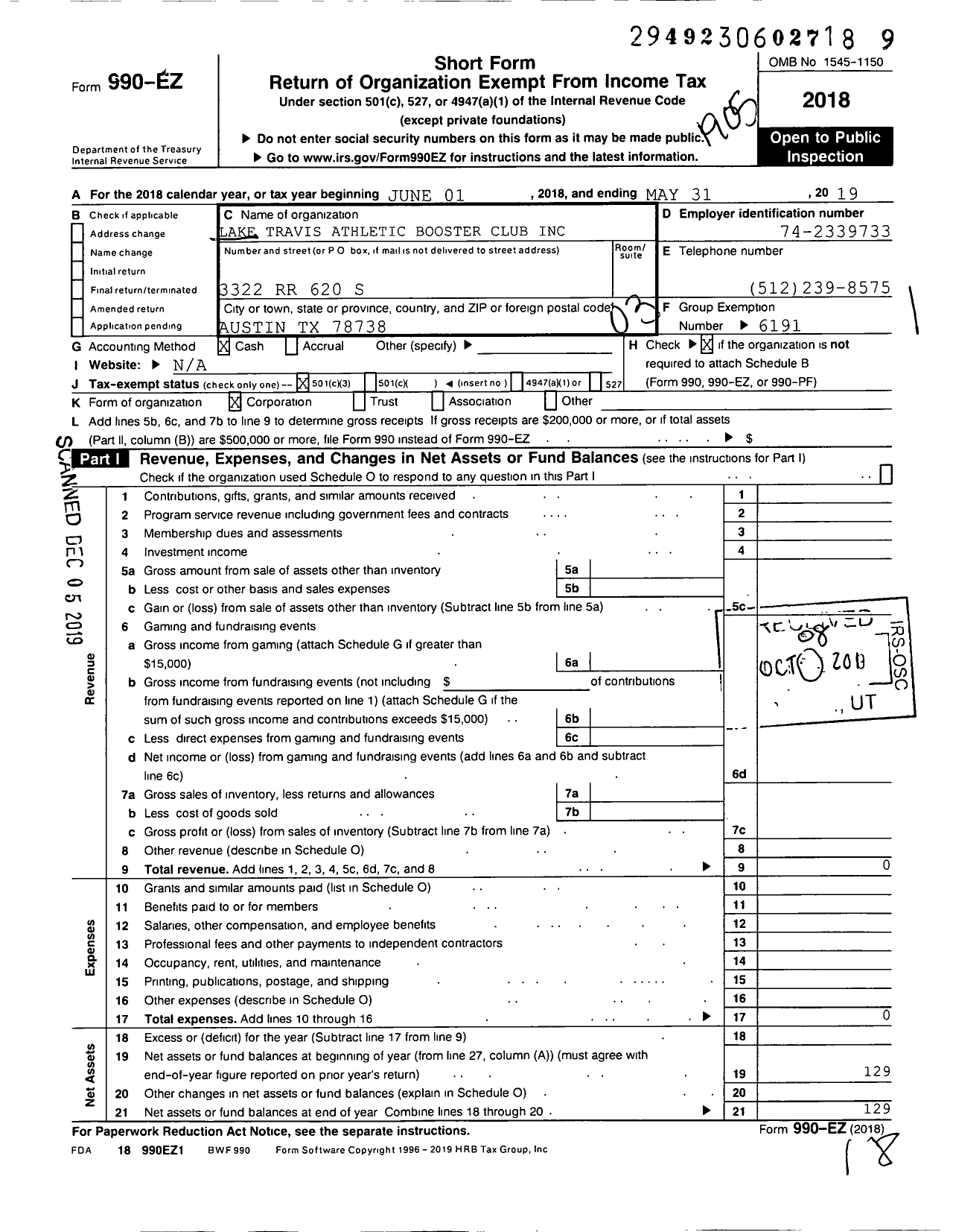 Image of first page of 2018 Form 990EZ for Lake Travis Athletic Booster Club